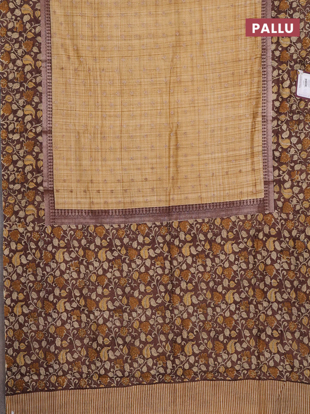 Chanderi silk cotton saree sandal and brown with allover zari buttas and printed border - Image 3