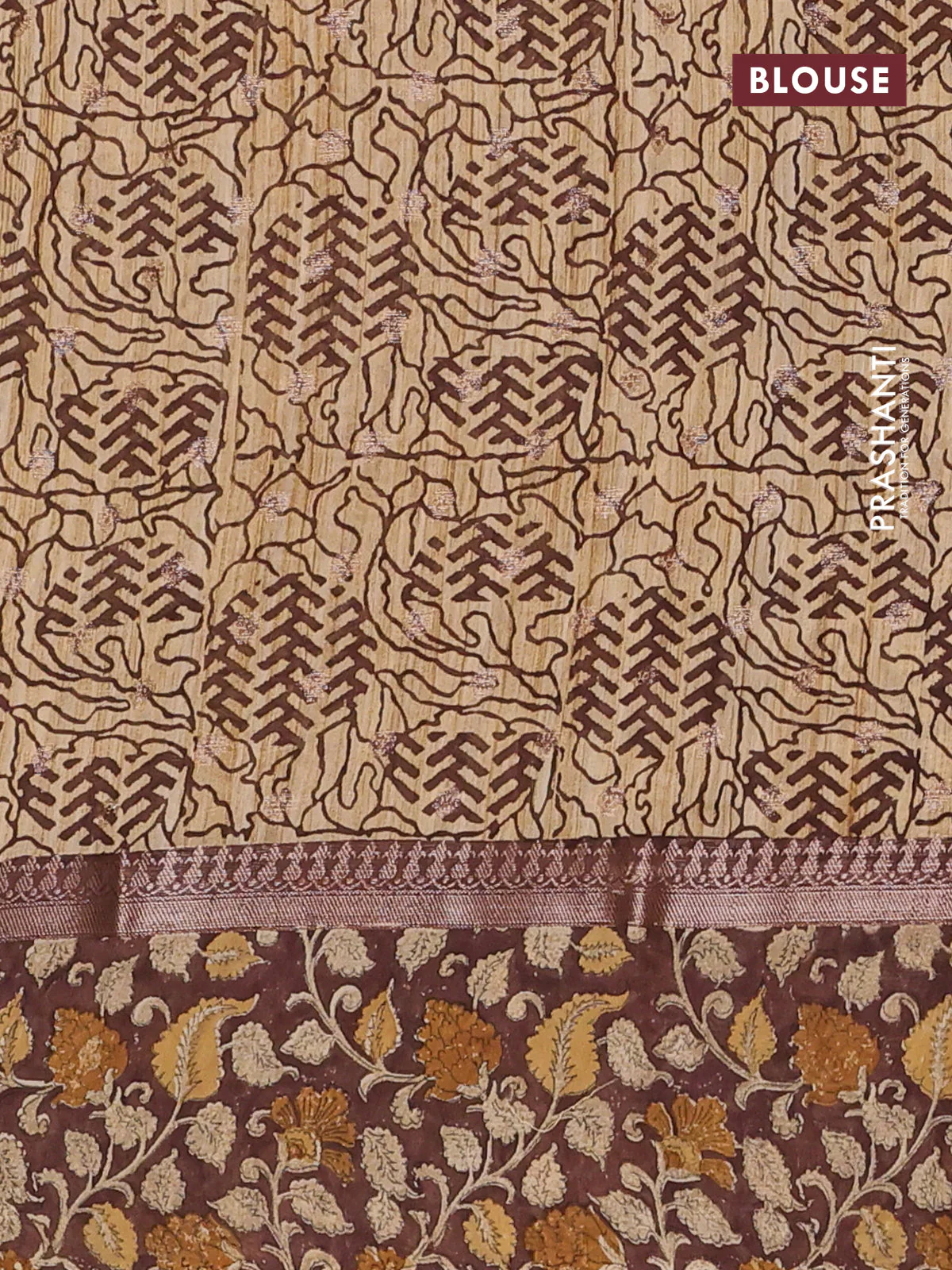Chanderi silk cotton saree sandal and brown with allover zari buttas and printed border - Image 4
