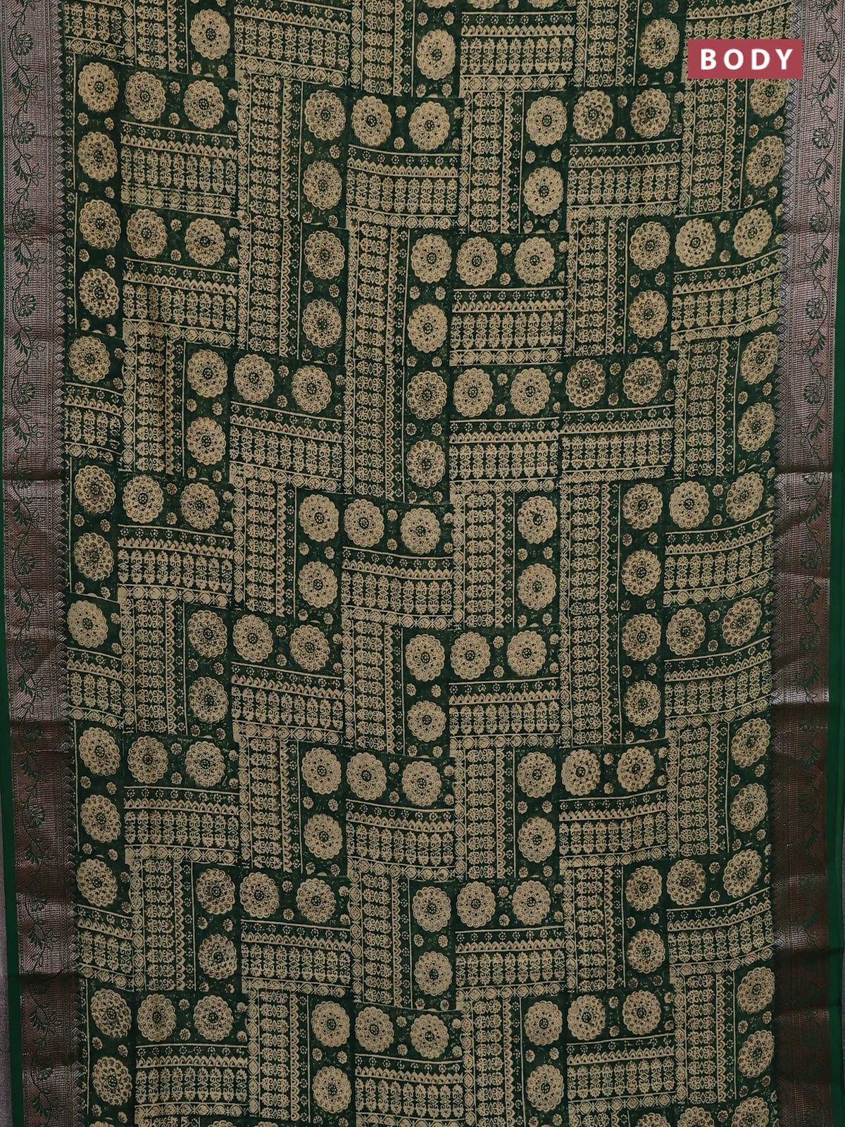 Chanderi silk cotton saree sandal and green with allover prints and banarasi style border - Image 2