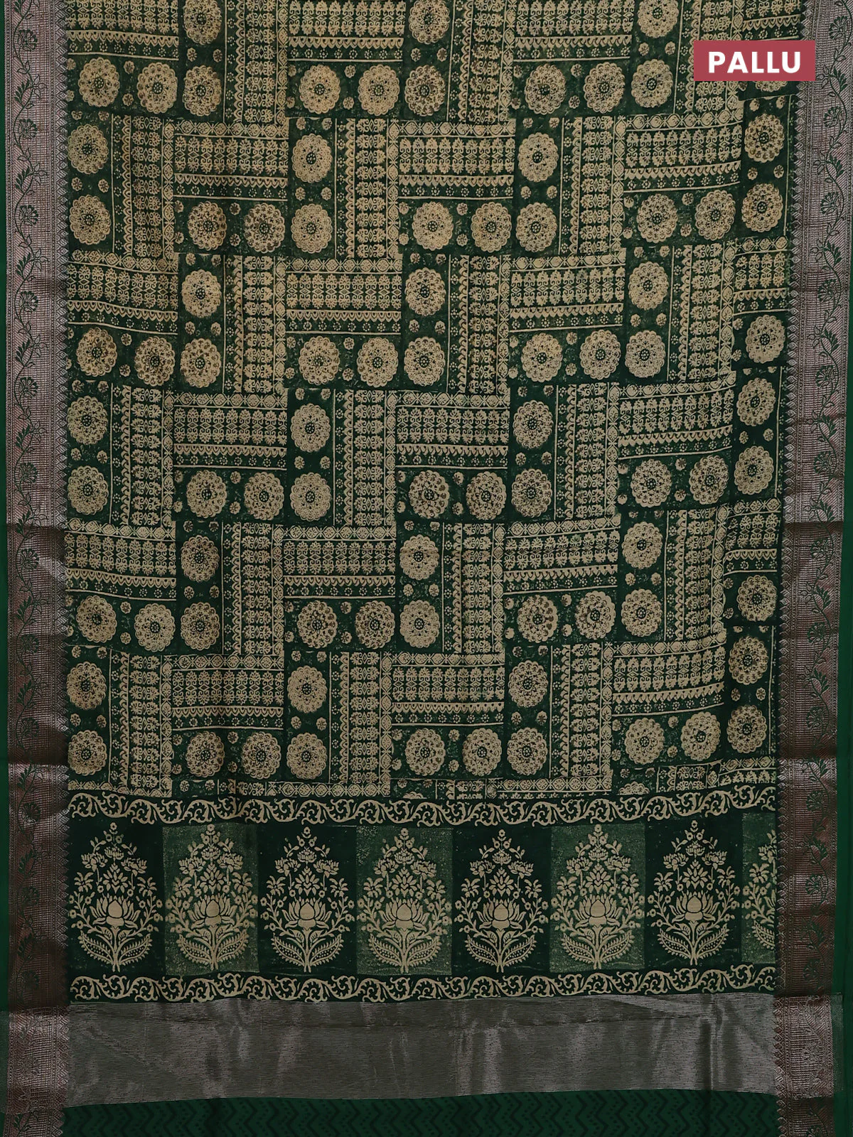 Chanderi silk cotton saree sandal and green with allover prints and banarasi style border - Image 3