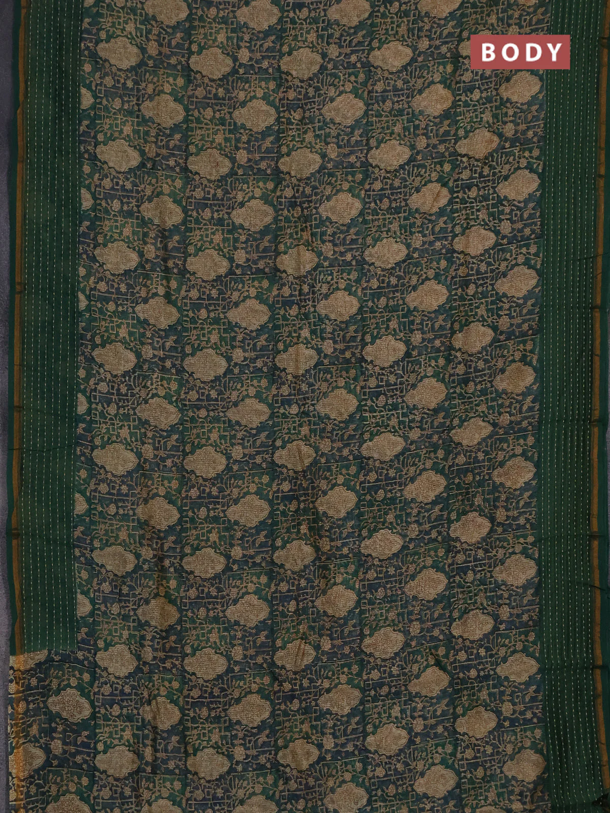 Chanderi silk cotton saree sandal and green with allover prints and kantha stich work border - Image 2