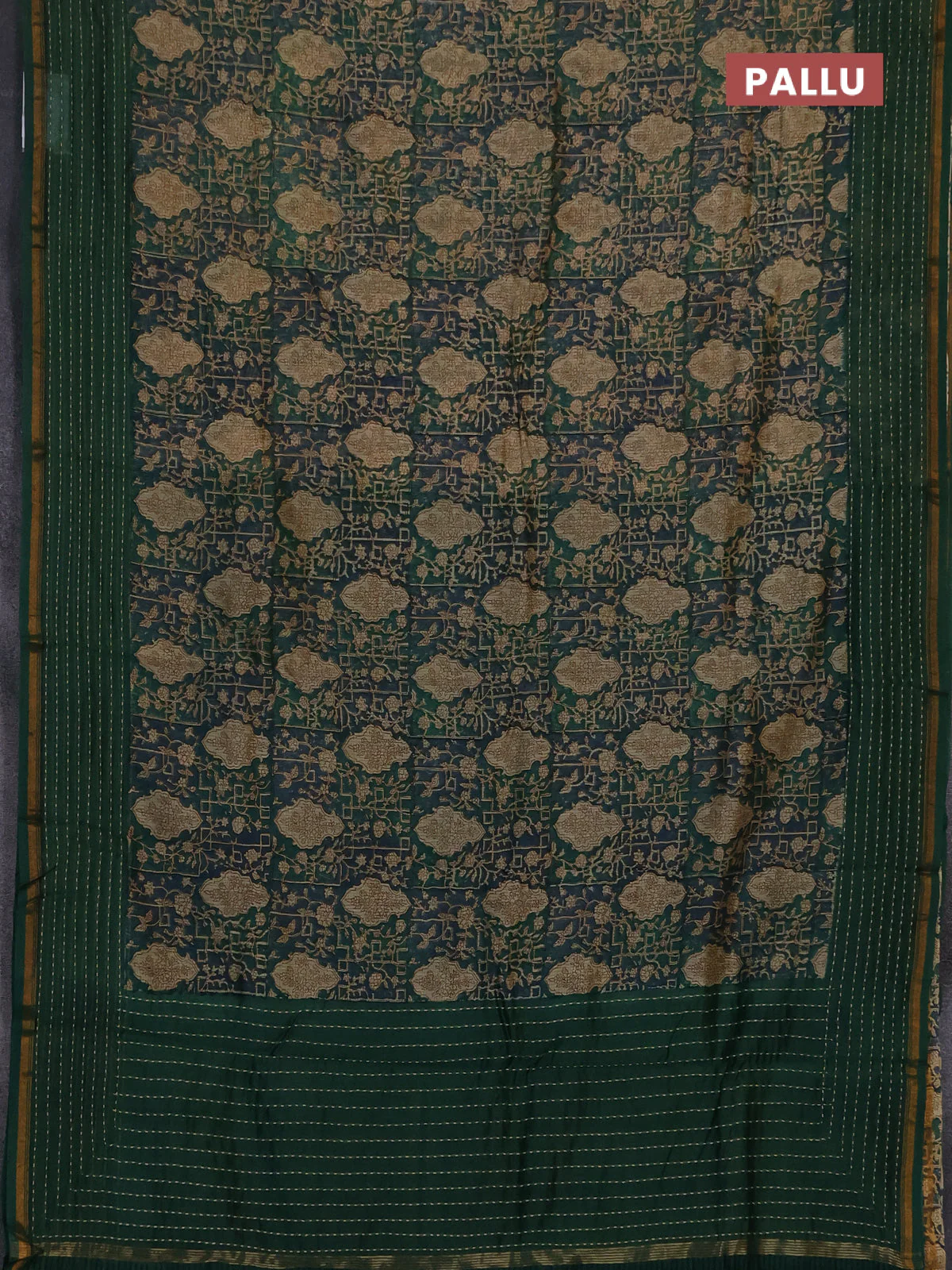 Chanderi silk cotton saree sandal and green with allover prints and kantha stich work border - Image 3
