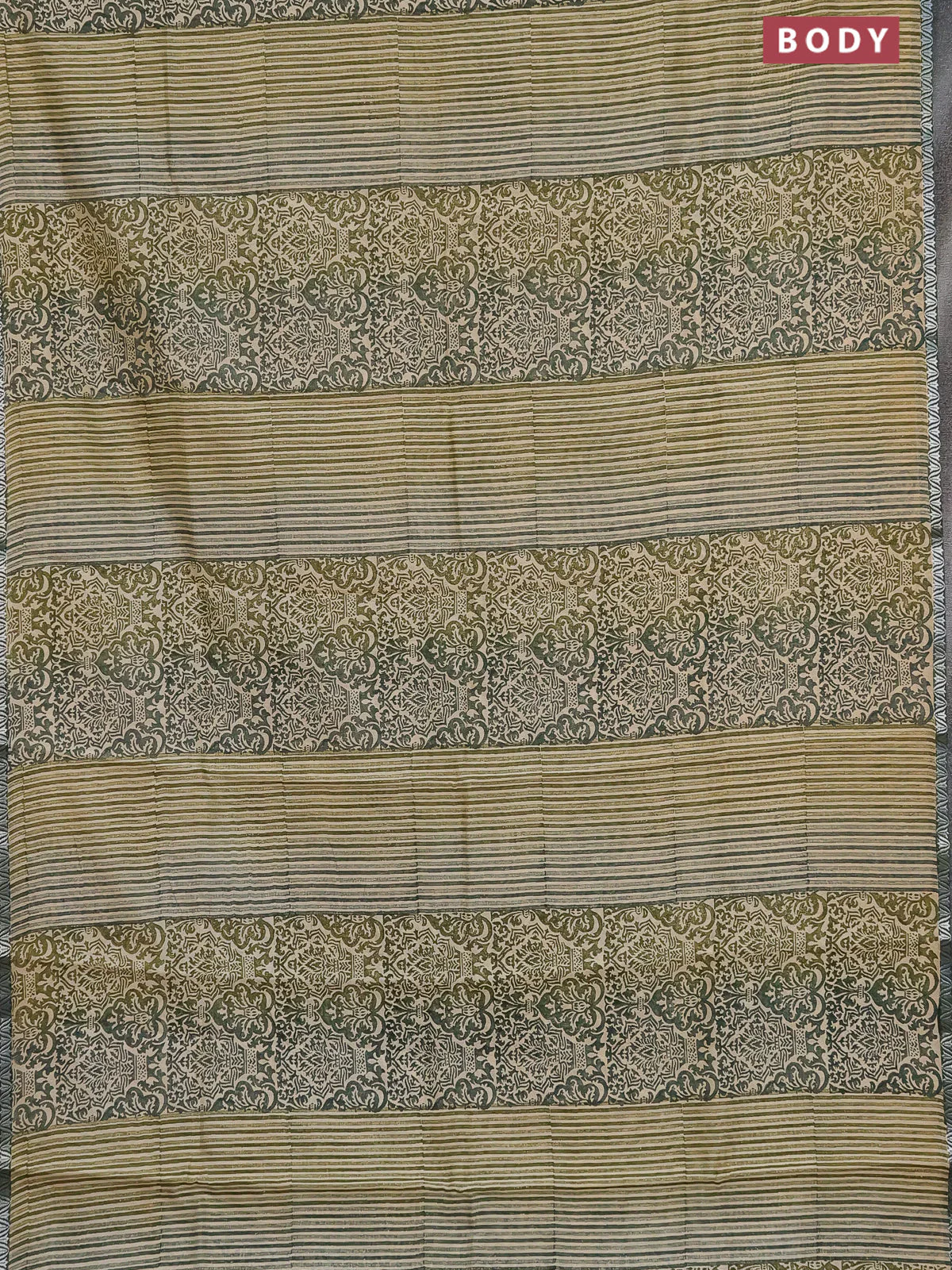 Chanderi silk cotton saree sandal and green with allover prints and small zari woven border - Image 2