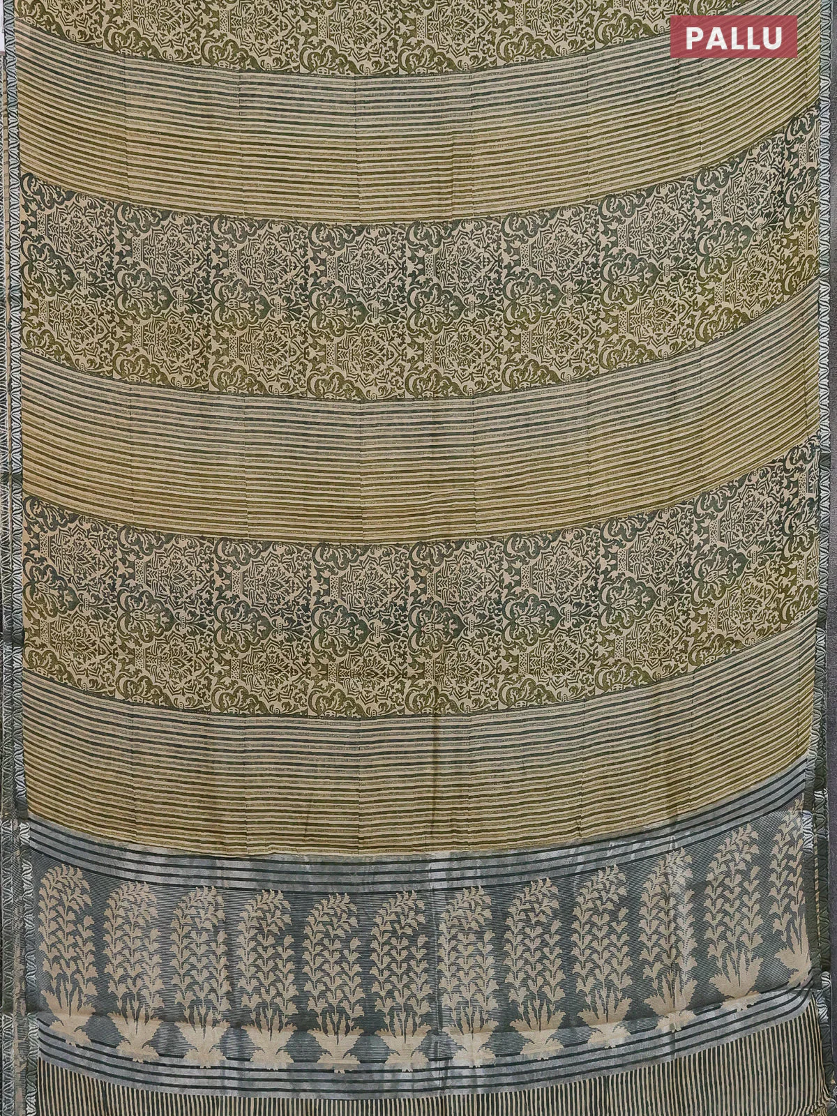 Chanderi silk cotton saree sandal and green with allover prints and small zari woven border - Image 3