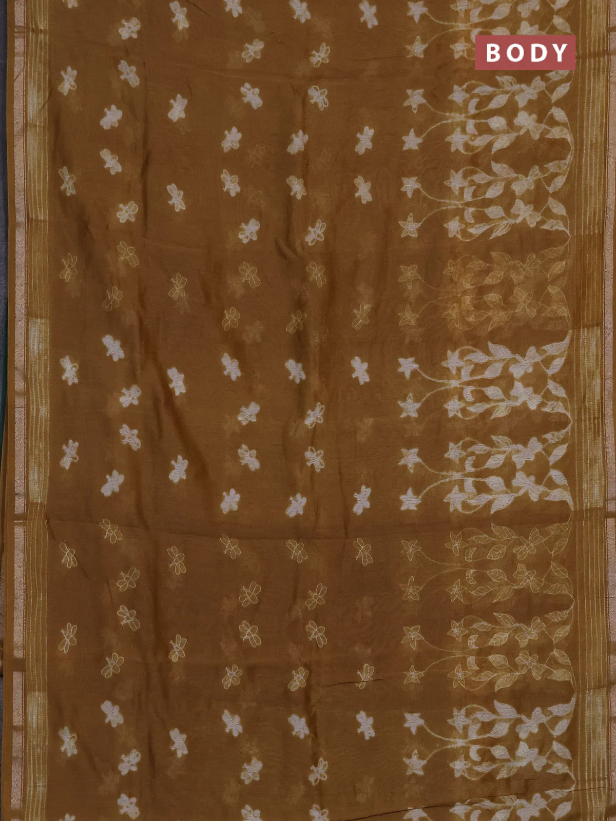 Chanderi silk cotton saree sandal and green with shibori prints and zari woven borde - Image 2