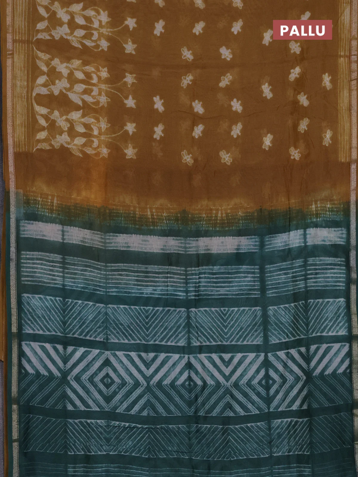 Chanderi silk cotton saree sandal and green with shibori prints and zari woven borde - Image 3