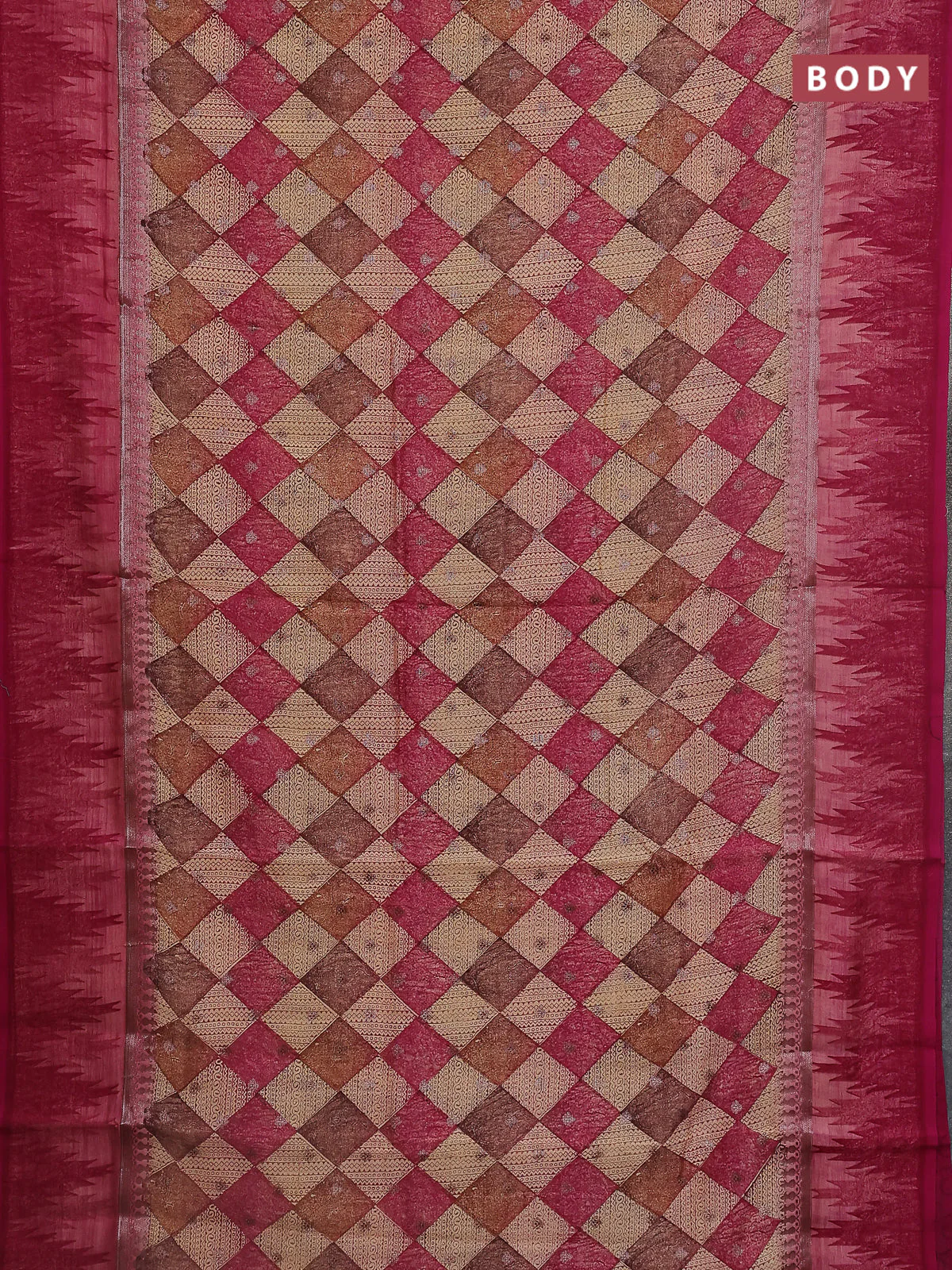 Chanderi silk cotton saree sandal and magenta pink with allover geometric prints & woven buttas and temple design border - Image 2