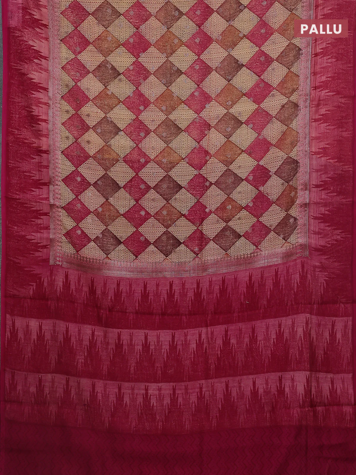 Chanderi silk cotton saree sandal and magenta pink with allover geometric prints & woven buttas and temple design border - Image 3
