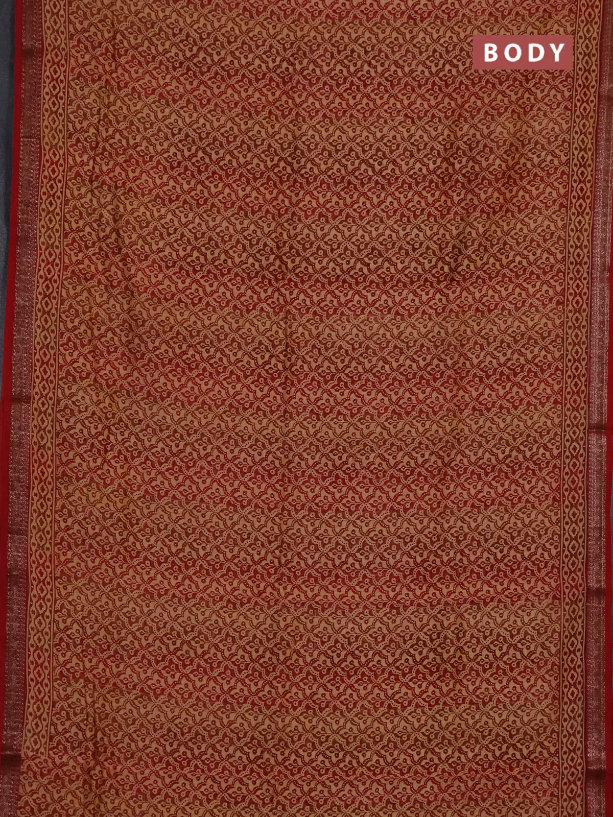 Chanderi silk cotton saree sandal and maroon with allover prints and banarasi style border - Image 2