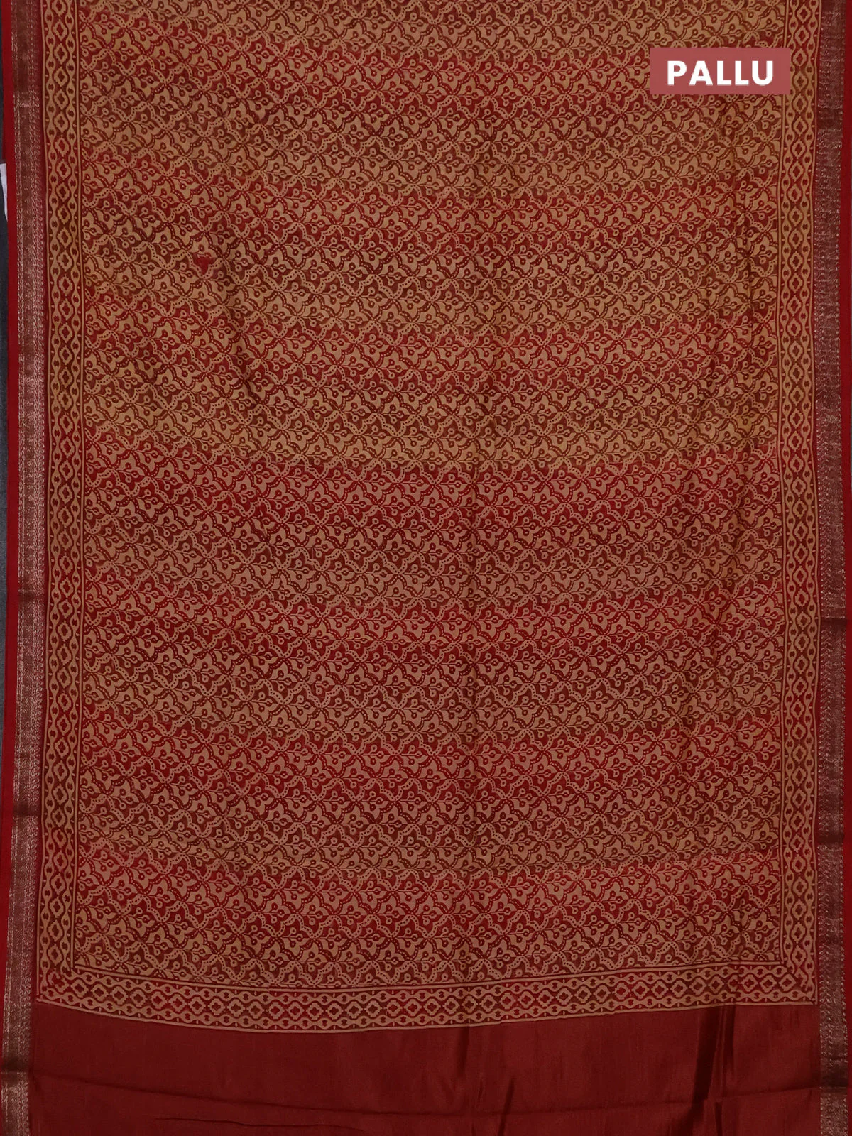 Chanderi silk cotton saree sandal and maroon with allover prints and banarasi style border - Image 3