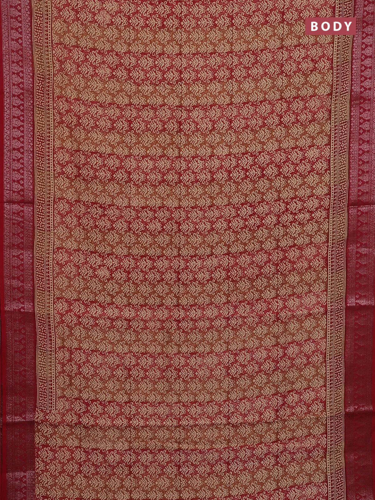 Chanderi silk cotton saree sandal and maroon with allover prints and banarasi style border - Image 2
