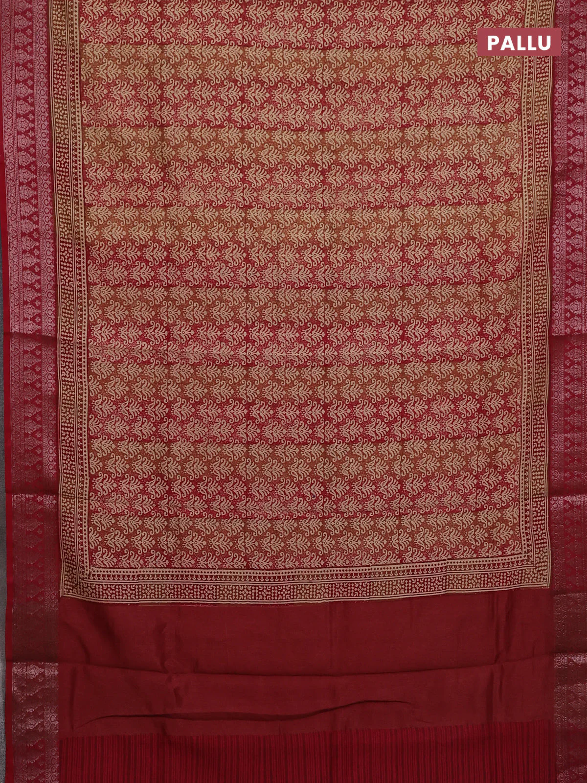 Chanderi silk cotton saree sandal and maroon with allover prints and banarasi style border - Image 3