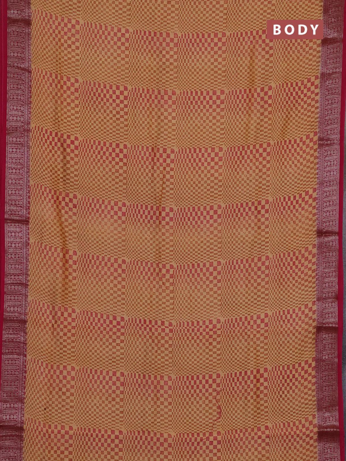 Chanderi silk cotton saree sandal and megenta pink with allover geometric prints and banarasi style border - Image 2
