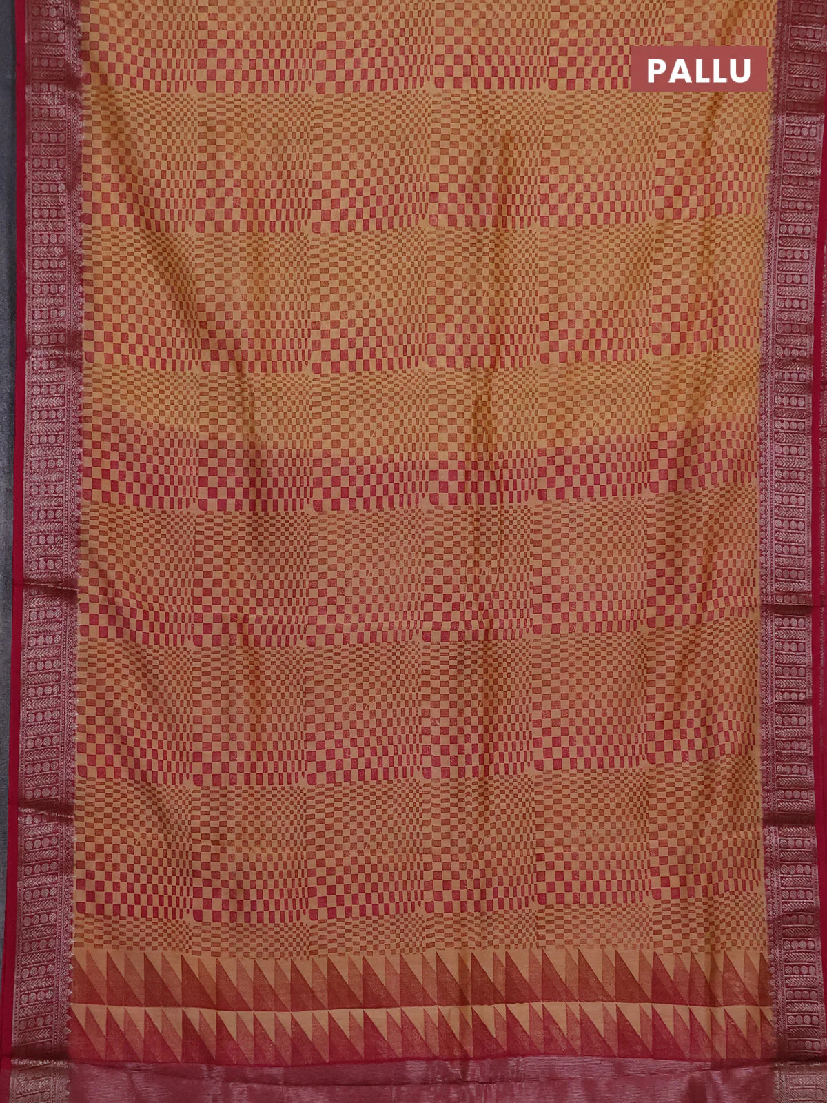 Chanderi silk cotton saree sandal and megenta pink with allover geometric prints and banarasi style border - Image 3