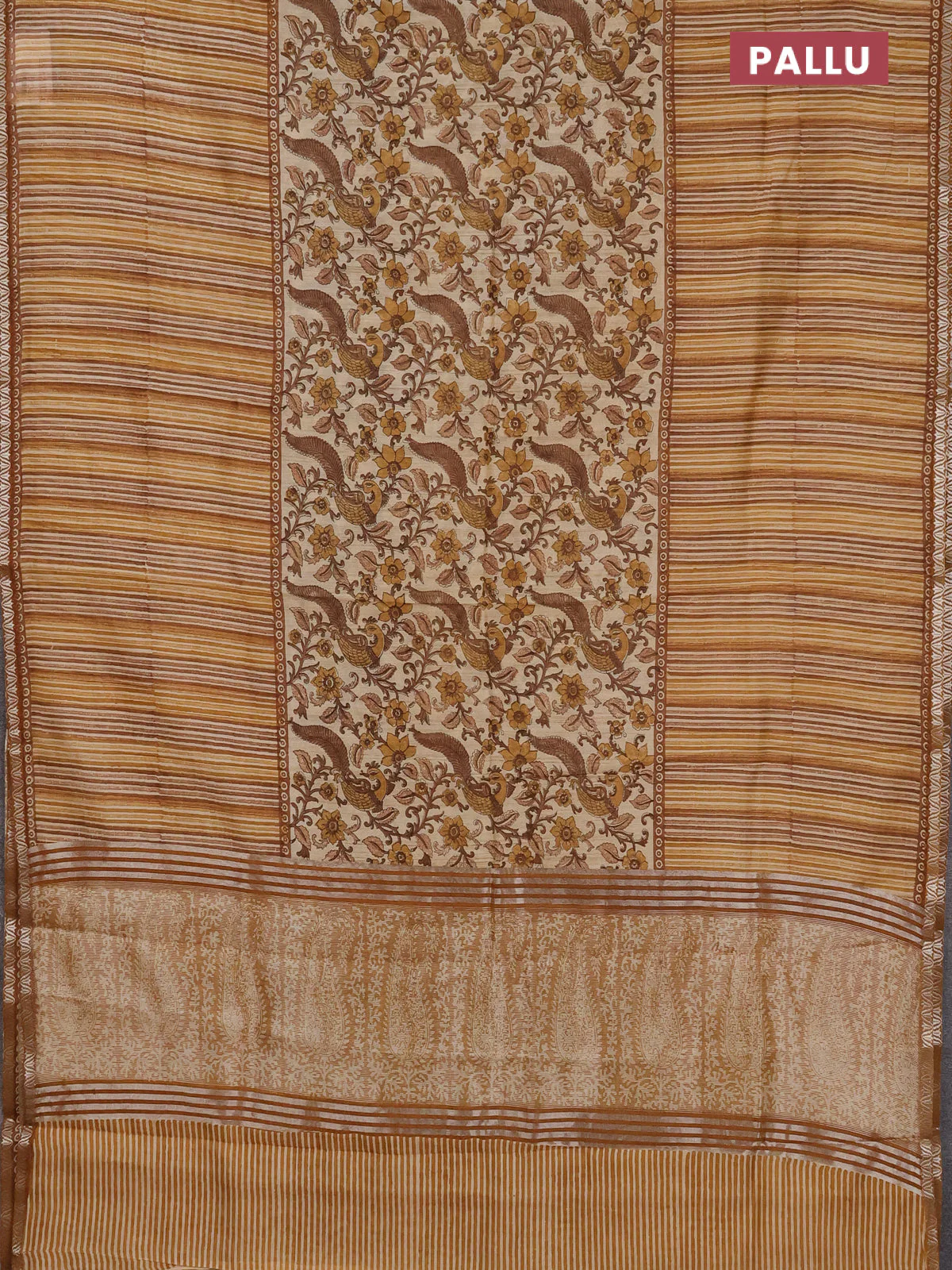 Chanderi silk cotton saree sandal and mustard shade with allover prints and small zari woven border - Image 3