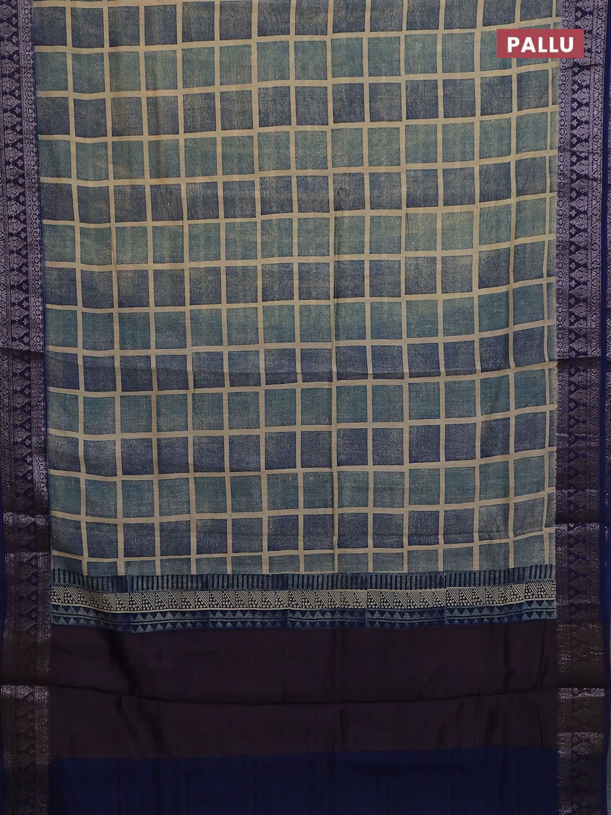 Chanderi silk cotton saree sandal and navy blue with allover geometric prints ans banarasi style border - Image 3