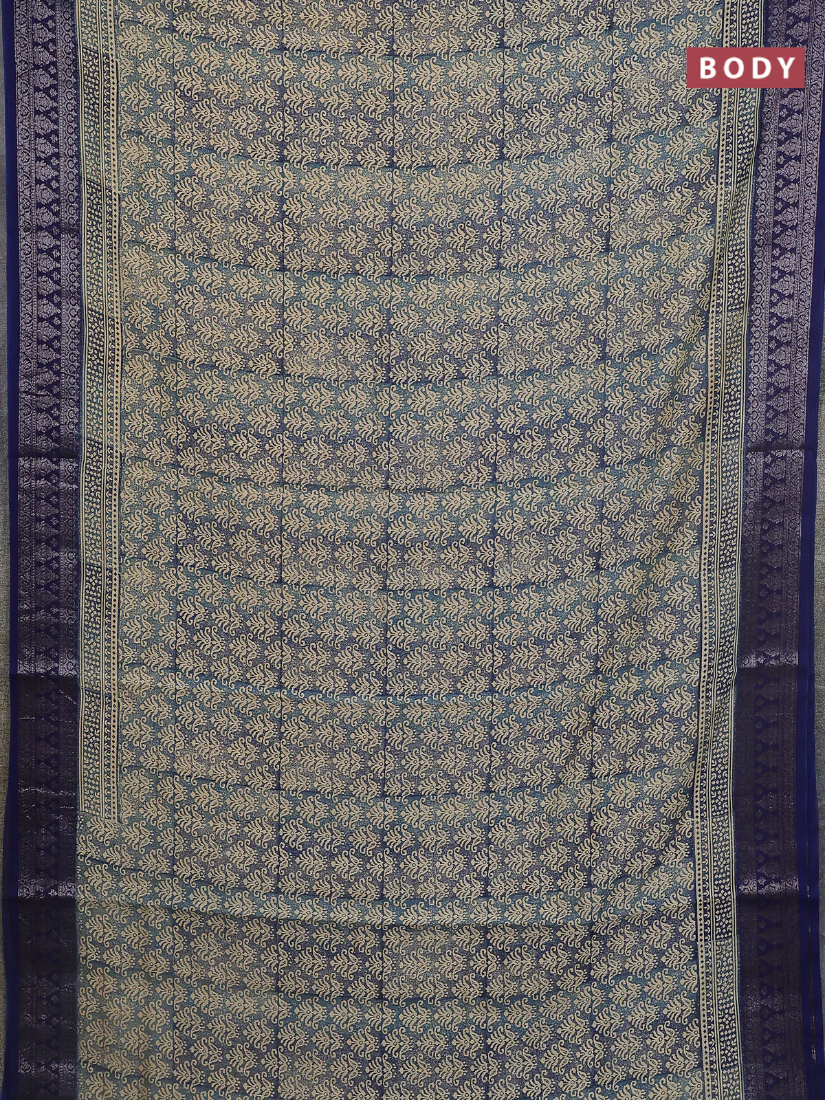 Chanderi silk cotton saree sandal and navy blue with allover prints and banarasi style border - Image 2
