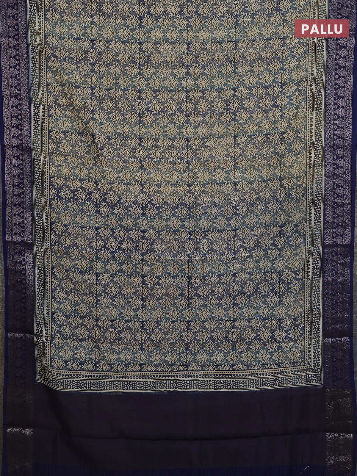 Chanderi silk cotton saree sandal and navy blue with allover prints and banarasi style border - Image 3