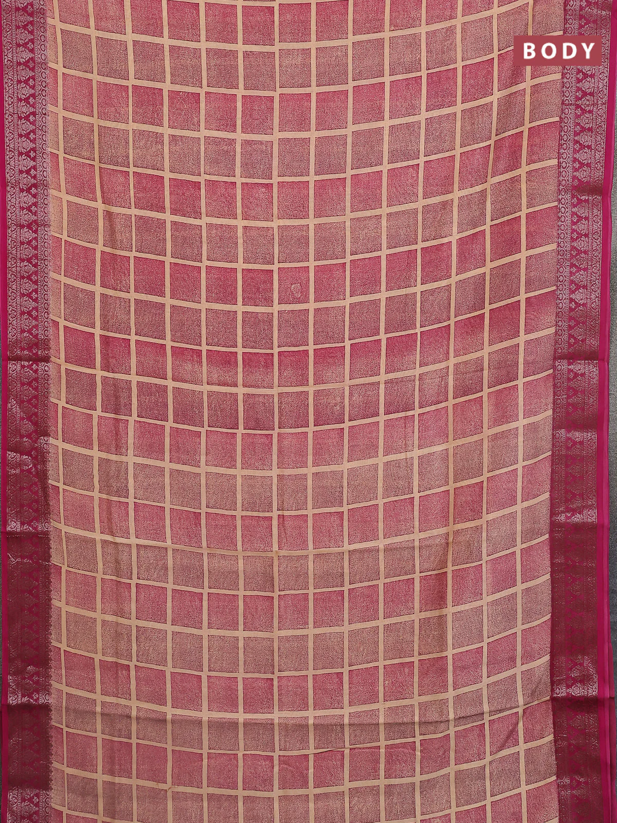 Chanderi silk cotton saree sandal and pink with allover geometric prints and banarasi style border - Image 2