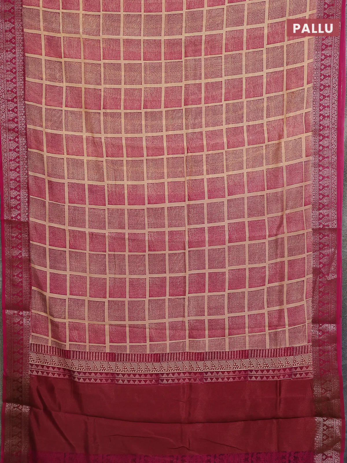 Chanderi silk cotton saree sandal and pink with allover geometric prints and banarasi style border - Image 3