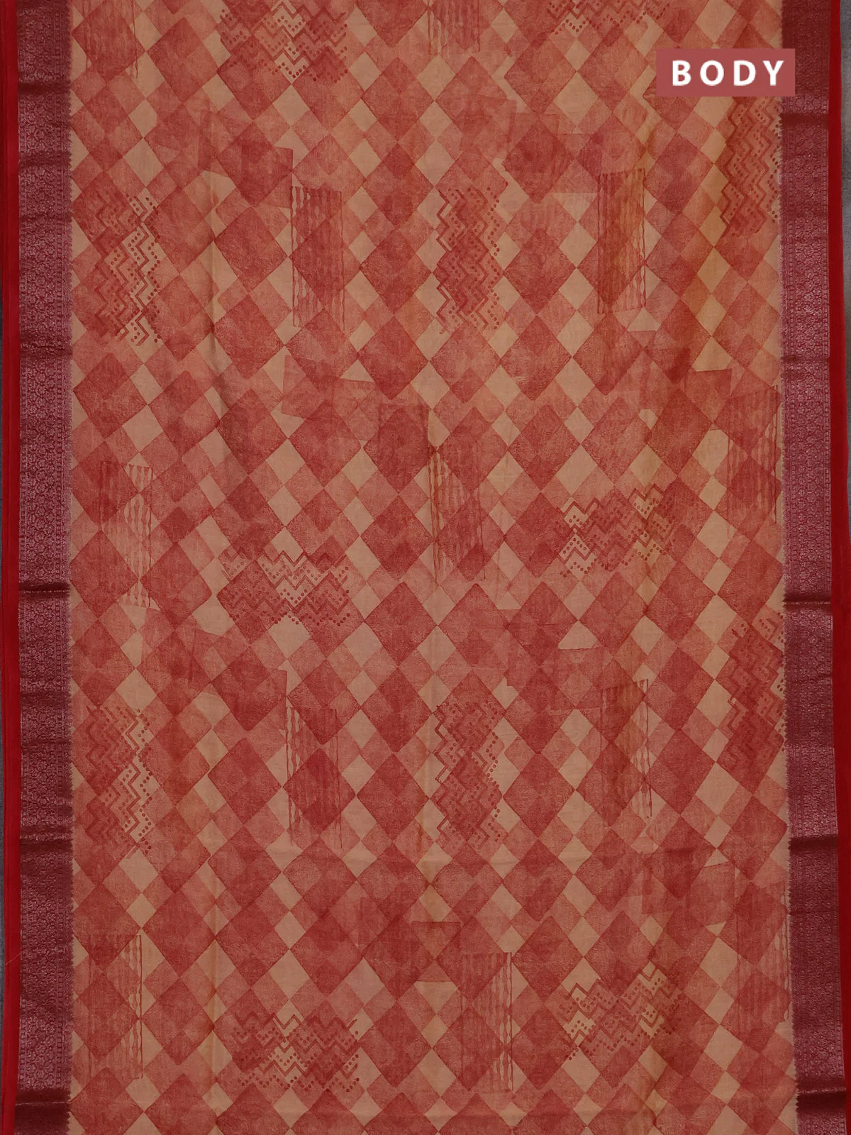 Chanderi silk cotton saree sandal and red with allover geometric prints and banarasi style border - Image 2
