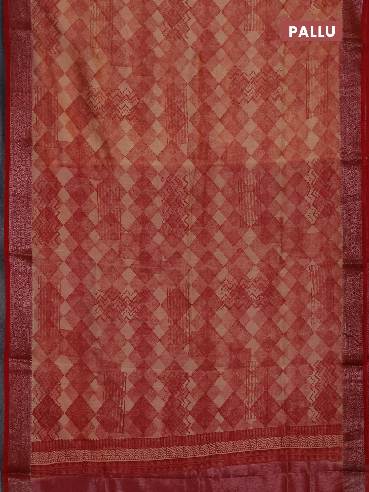 Chanderi silk cotton saree sandal and red with allover geometric prints and banarasi style border - Image 3