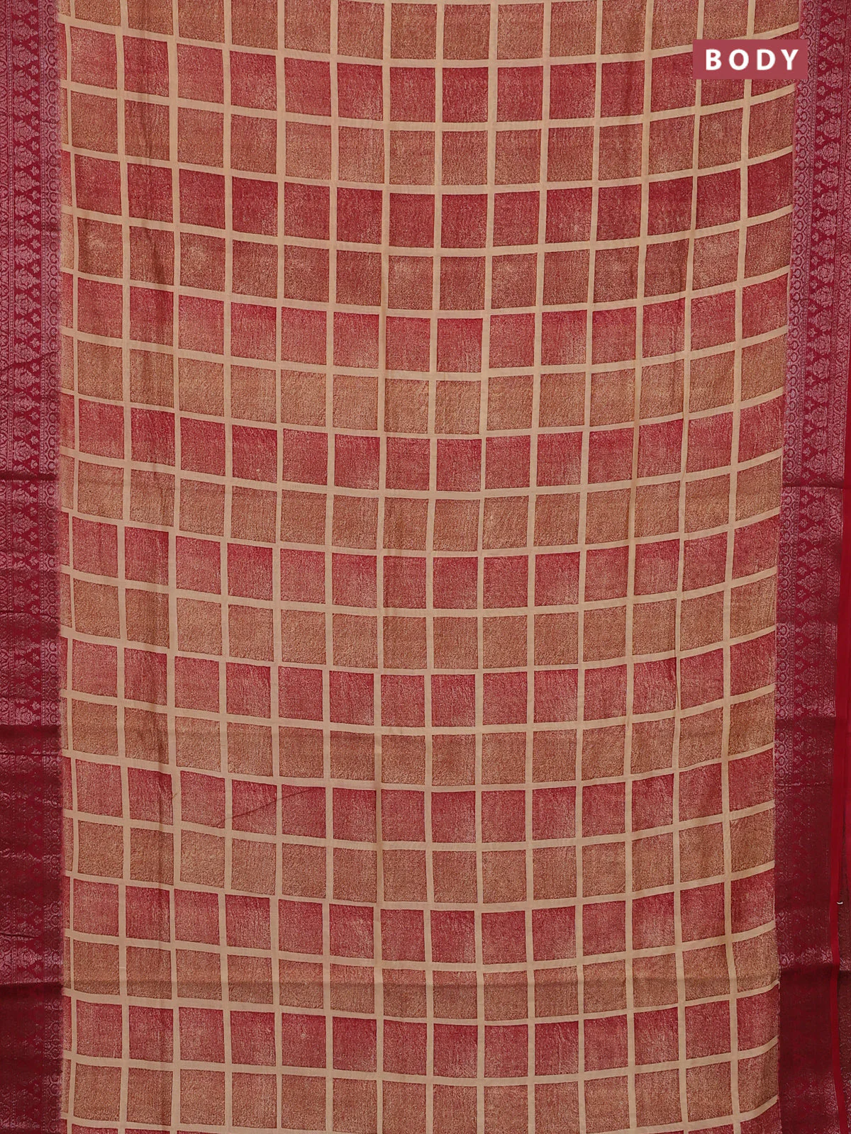 Chanderi silk cotton saree sandal and red with allover geometric prints and banarasi style border - Image 2