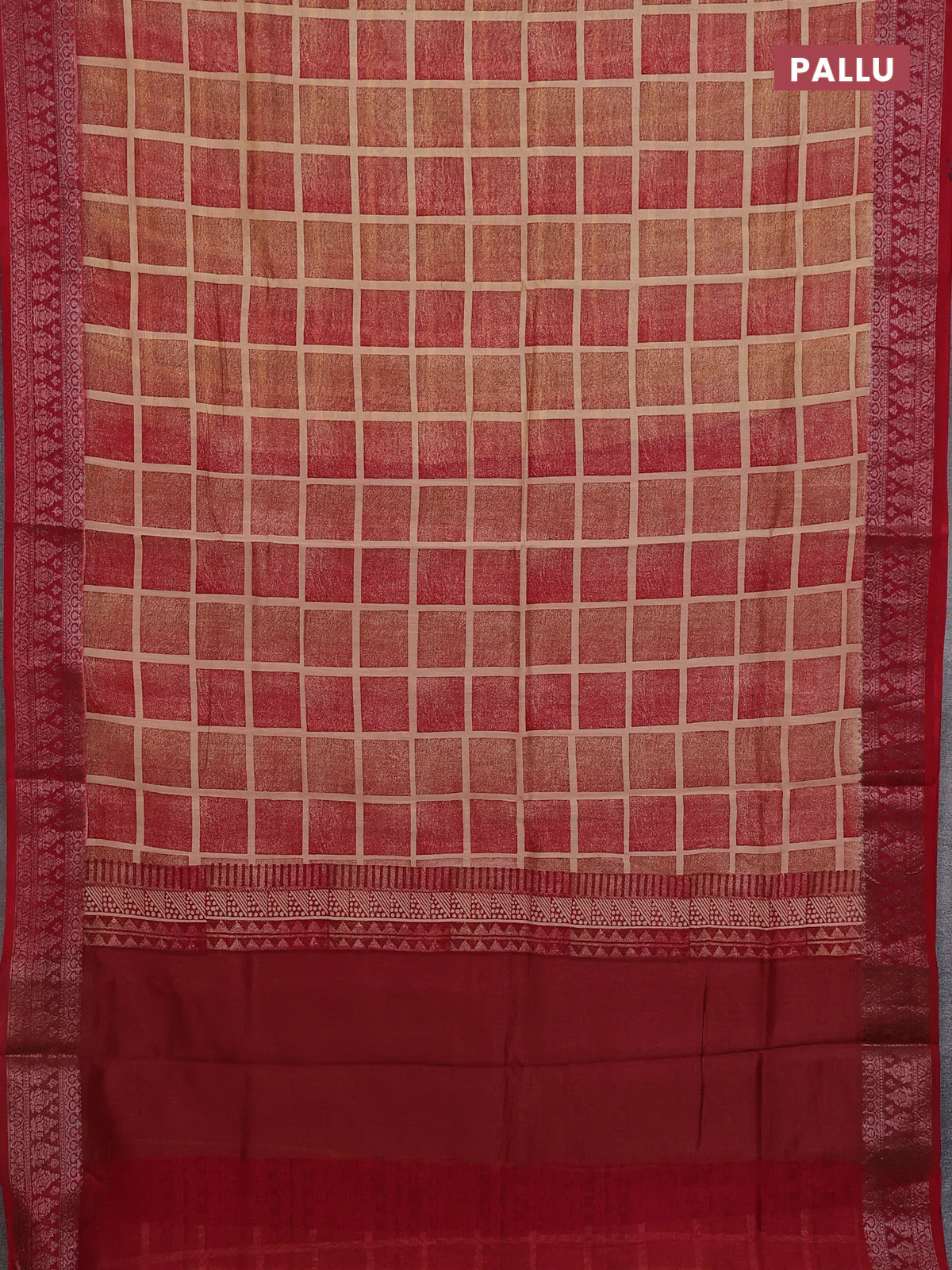 Chanderi silk cotton saree sandal and red with allover geometric prints and banarasi style border - Image 3