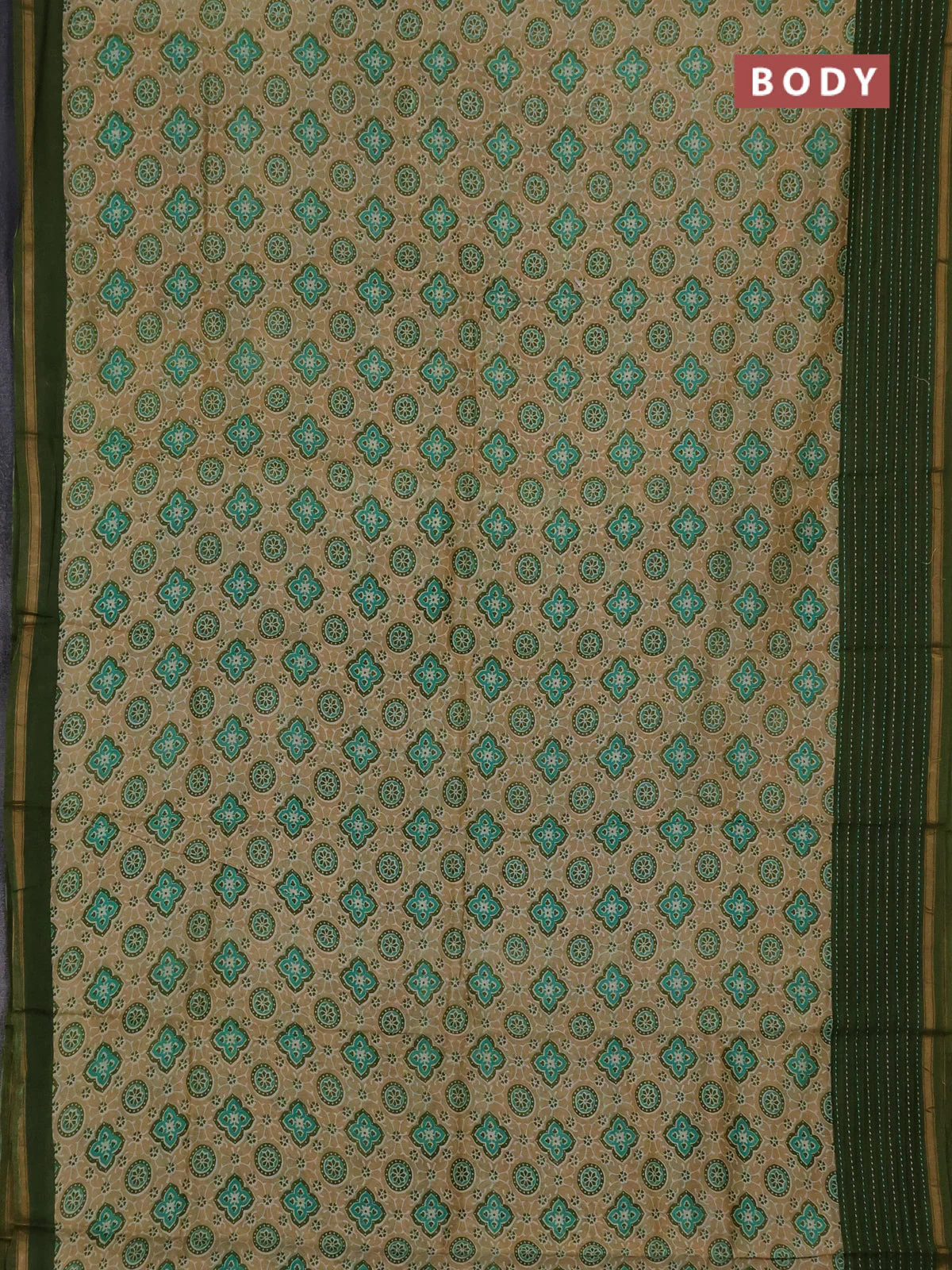 Chanderi silk cotton saree sandal and sap green with allover geometric prints and kantha stich work border - Image 2
