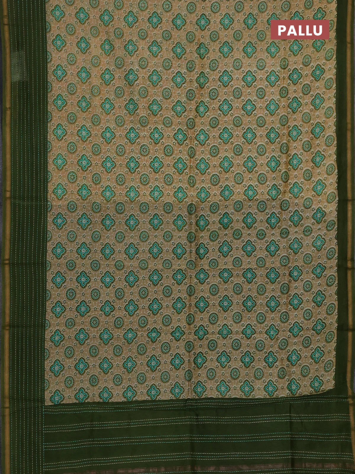 Chanderi silk cotton saree sandal and sap green with allover geometric prints and kantha stich work border - Image 3