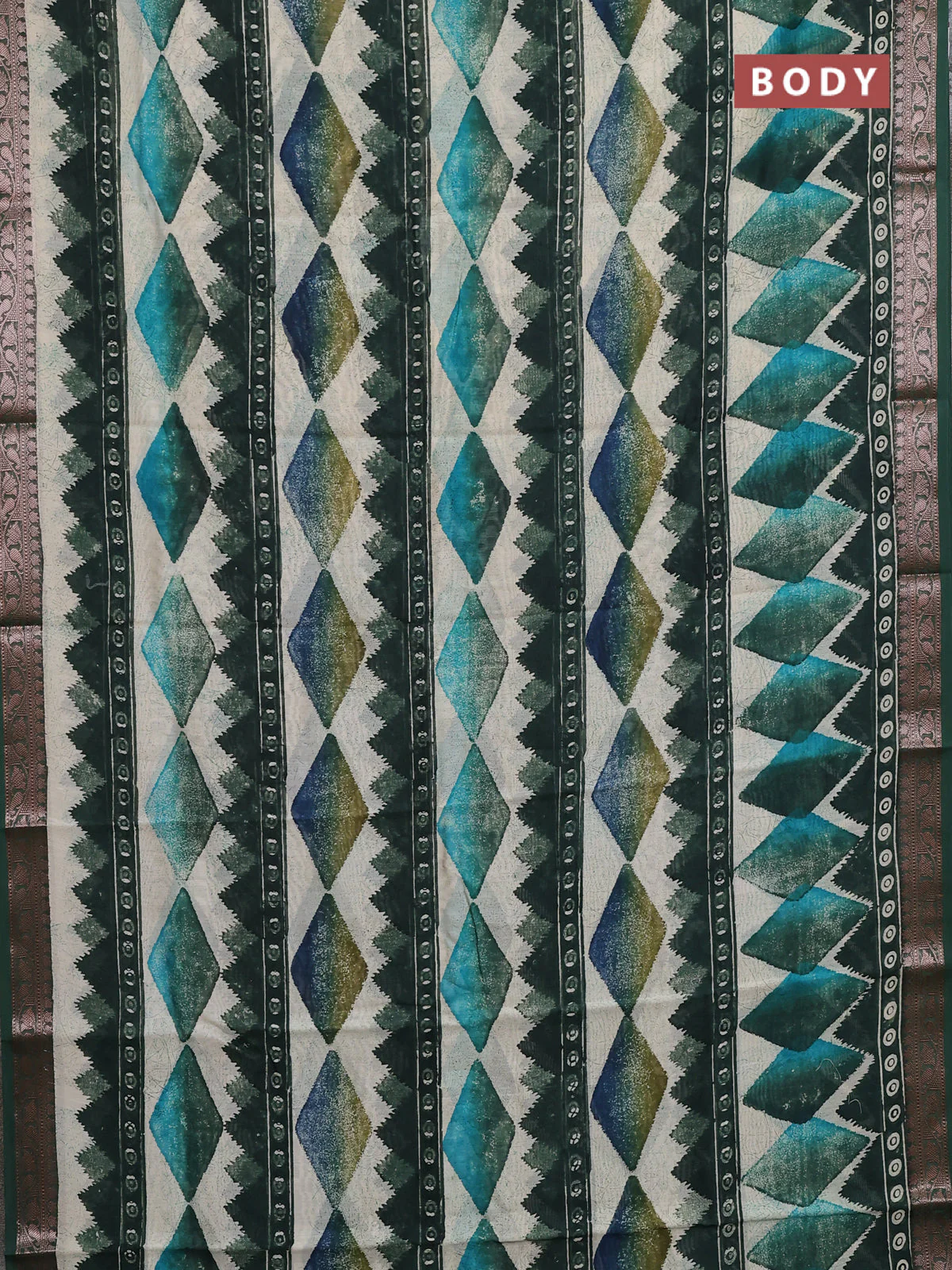 Chanderi silk cotton saree sap green and beige with allover geometric prints and banarasi style border - Image 2