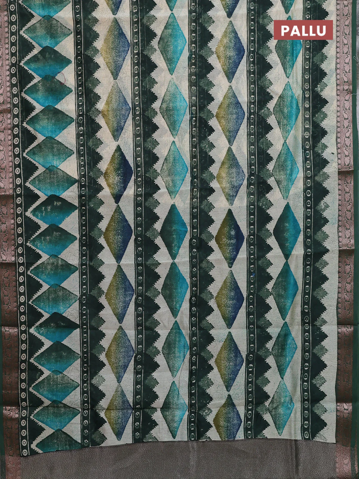 Chanderi silk cotton saree sap green and beige with allover geometric prints and banarasi style border - Image 3