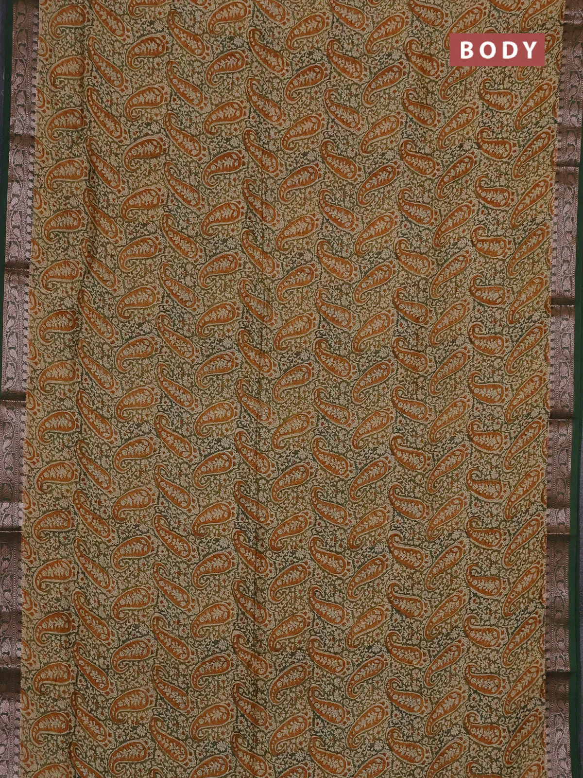 Chanderi silk cotton saree sap green and dark mustard with allover prints and banarasi style border - Image 2