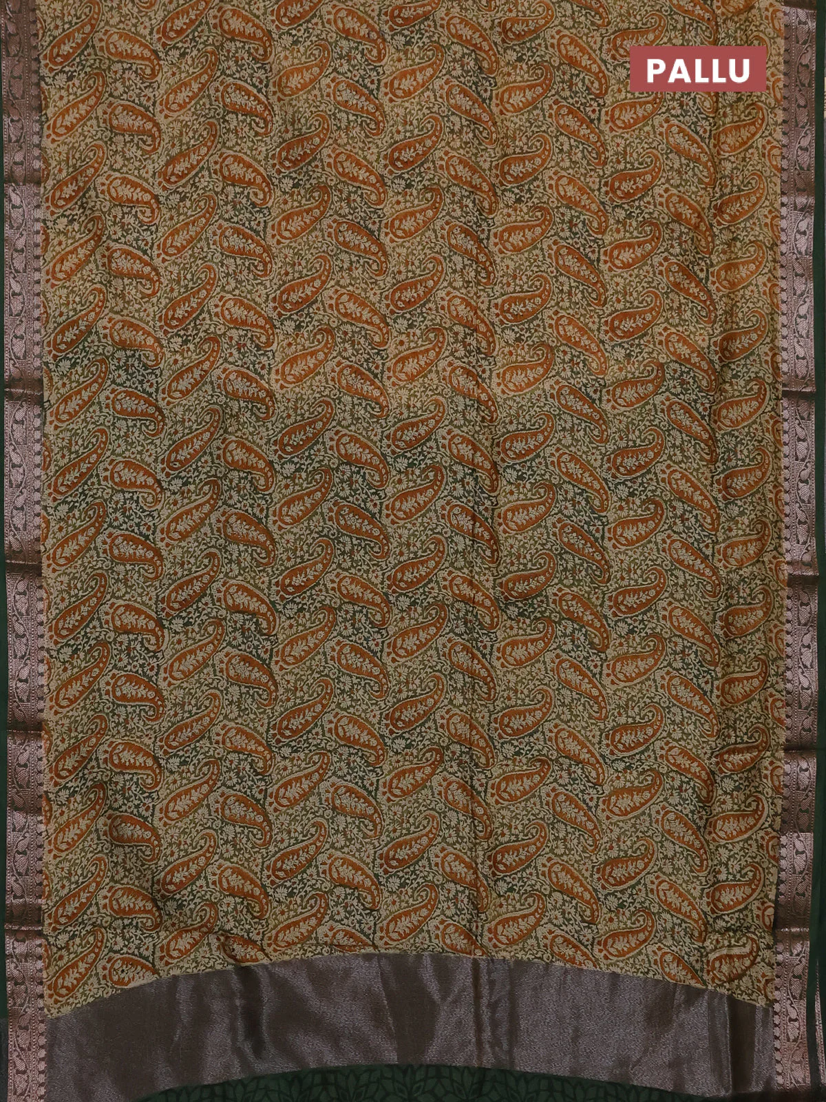 Chanderi silk cotton saree sap green and dark mustard with allover prints and banarasi style border - Image 3
