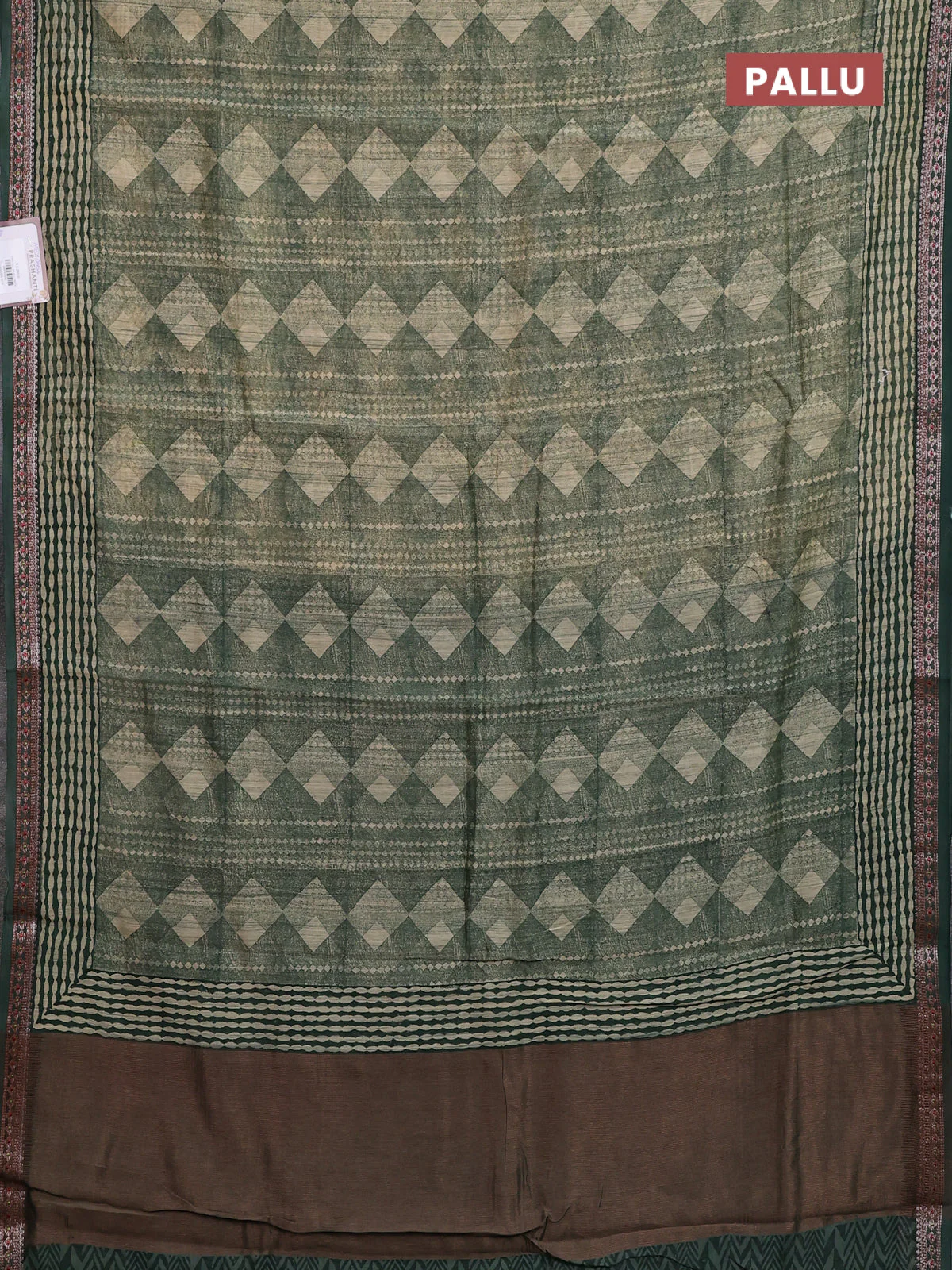 Chanderi silk cotton saree sap green with allover geometric prints and banarasi style border - Image 3