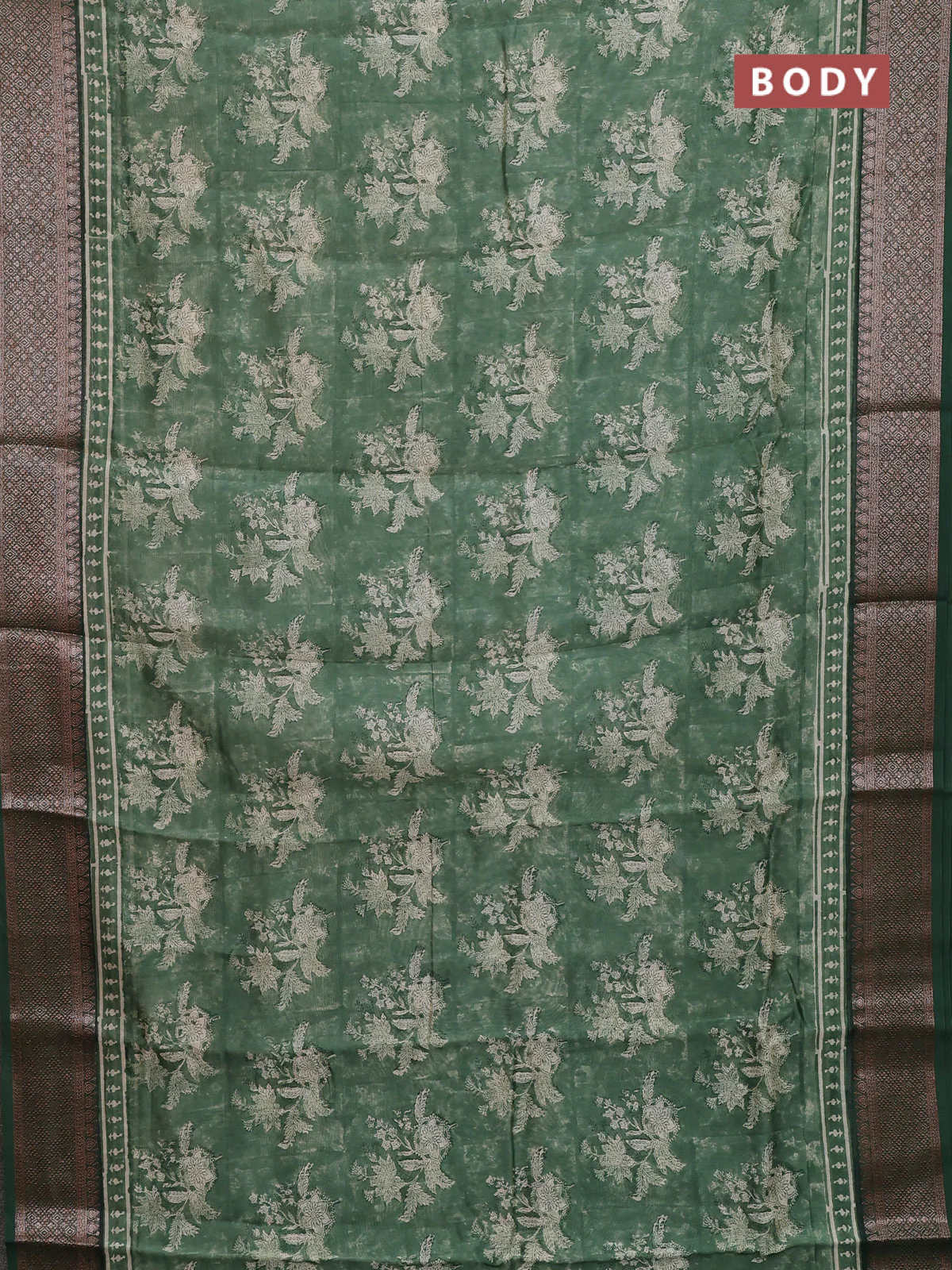 Chanderi silk cotton saree sap green with allover prints and banarasi style border - Image 2