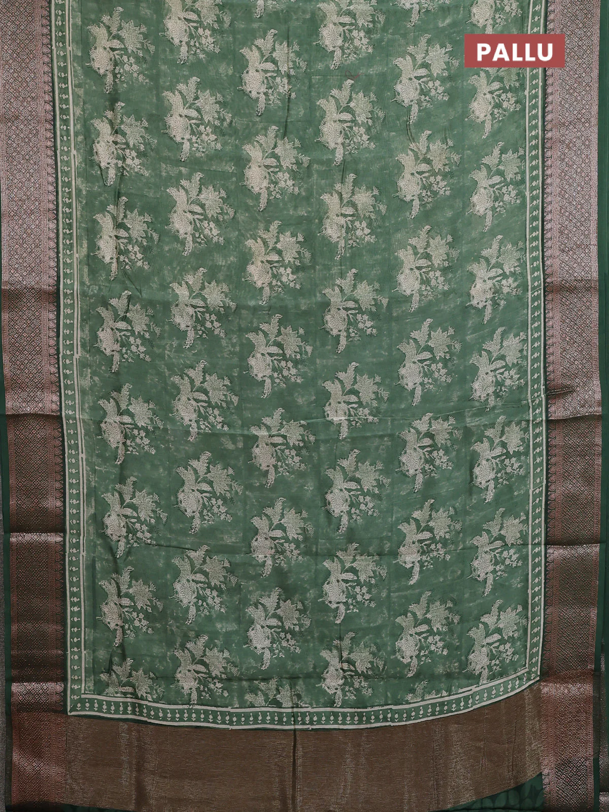 Chanderi silk cotton saree sap green with allover prints and banarasi style border - Image 3
