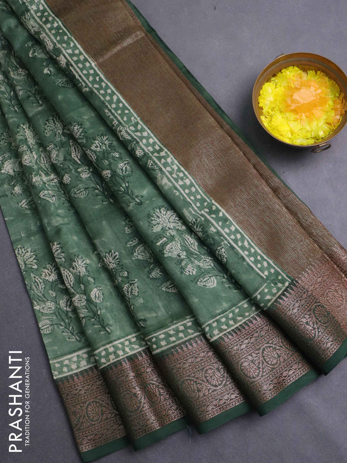 Chanderi silk cotton saree sap green with allover prints and banarasi style border