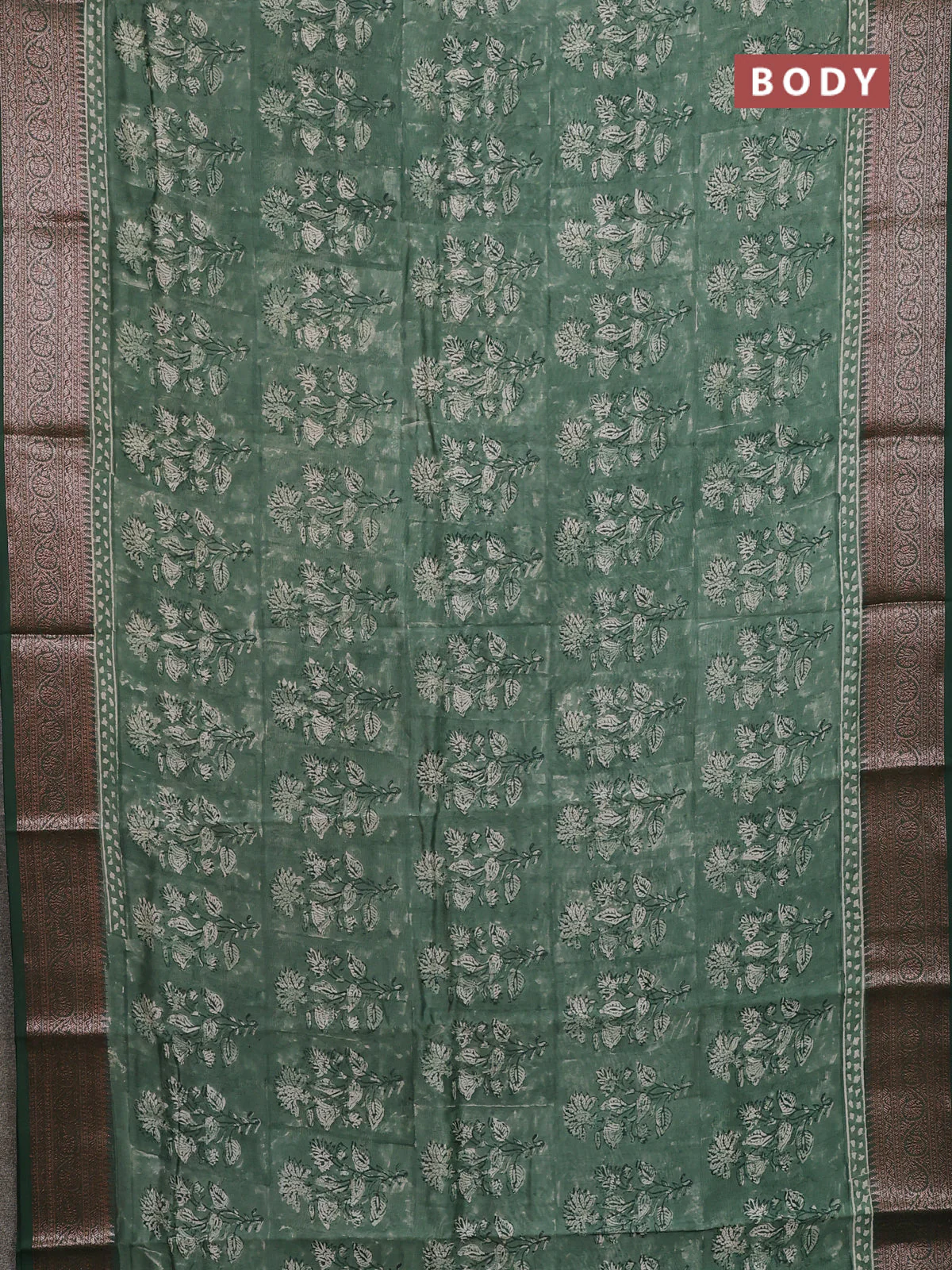 Chanderi silk cotton saree sap green with allover prints and banarasi style border - Image 2