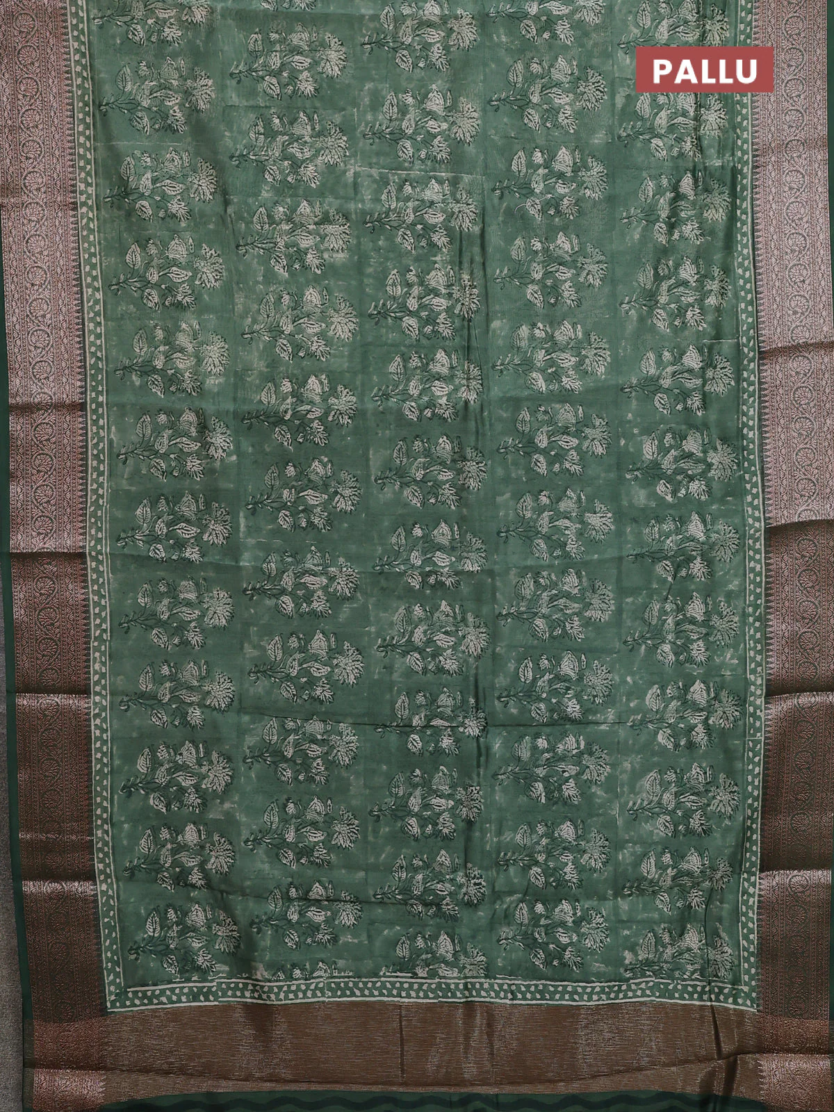 Chanderi silk cotton saree sap green with allover prints and banarasi style border - Image 3