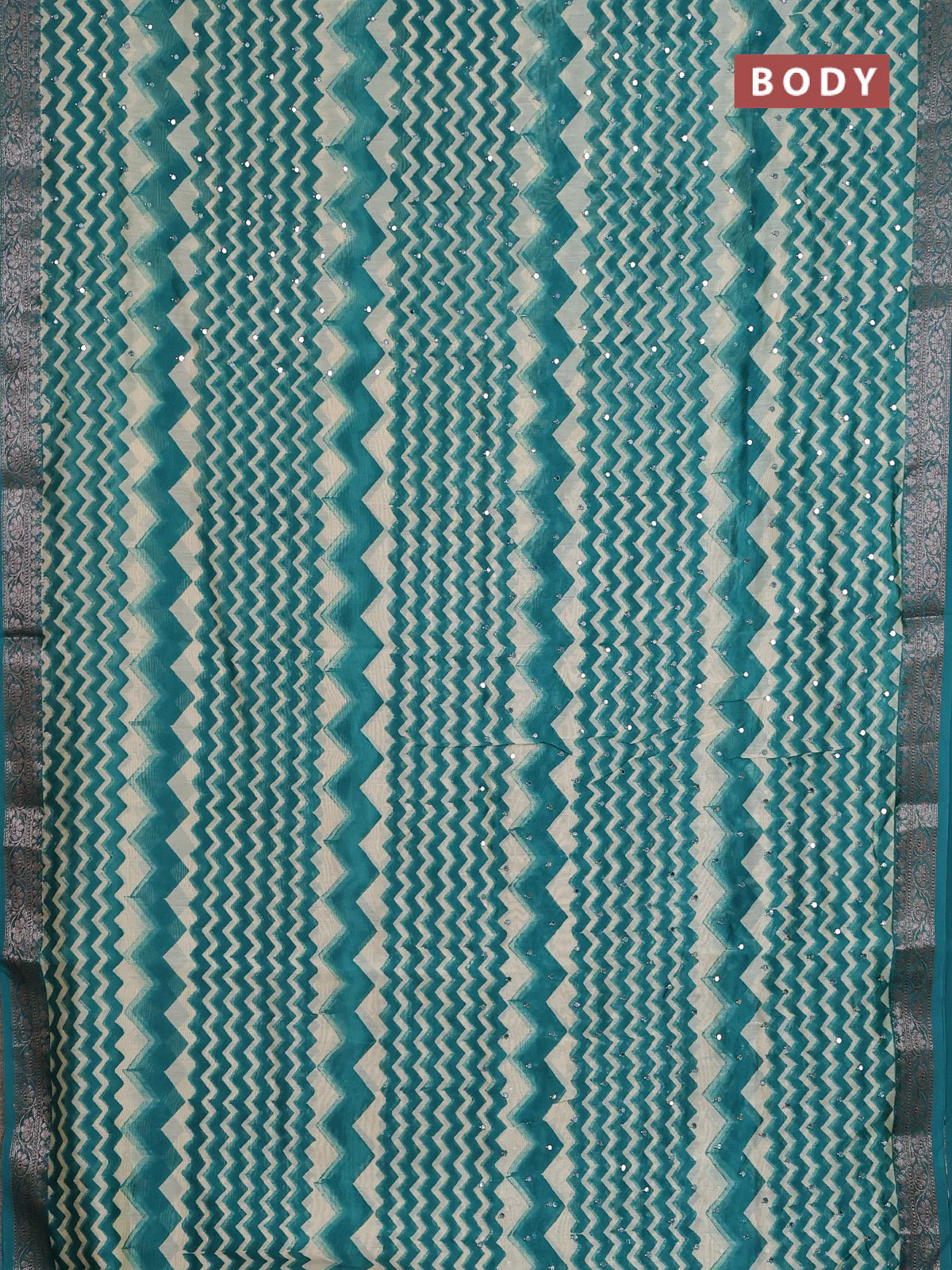 Chanderi silk cotton saree teal green and beige with allover zigzag prints & mirror work and banarasi style border - Image 2