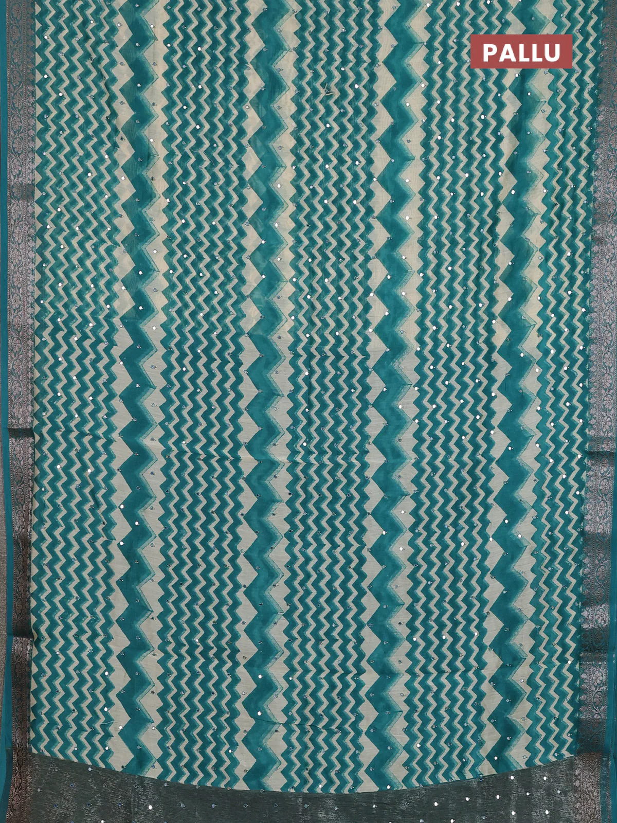 Chanderi silk cotton saree teal green and beige with allover zigzag prints & mirror work and banarasi style border - Image 3