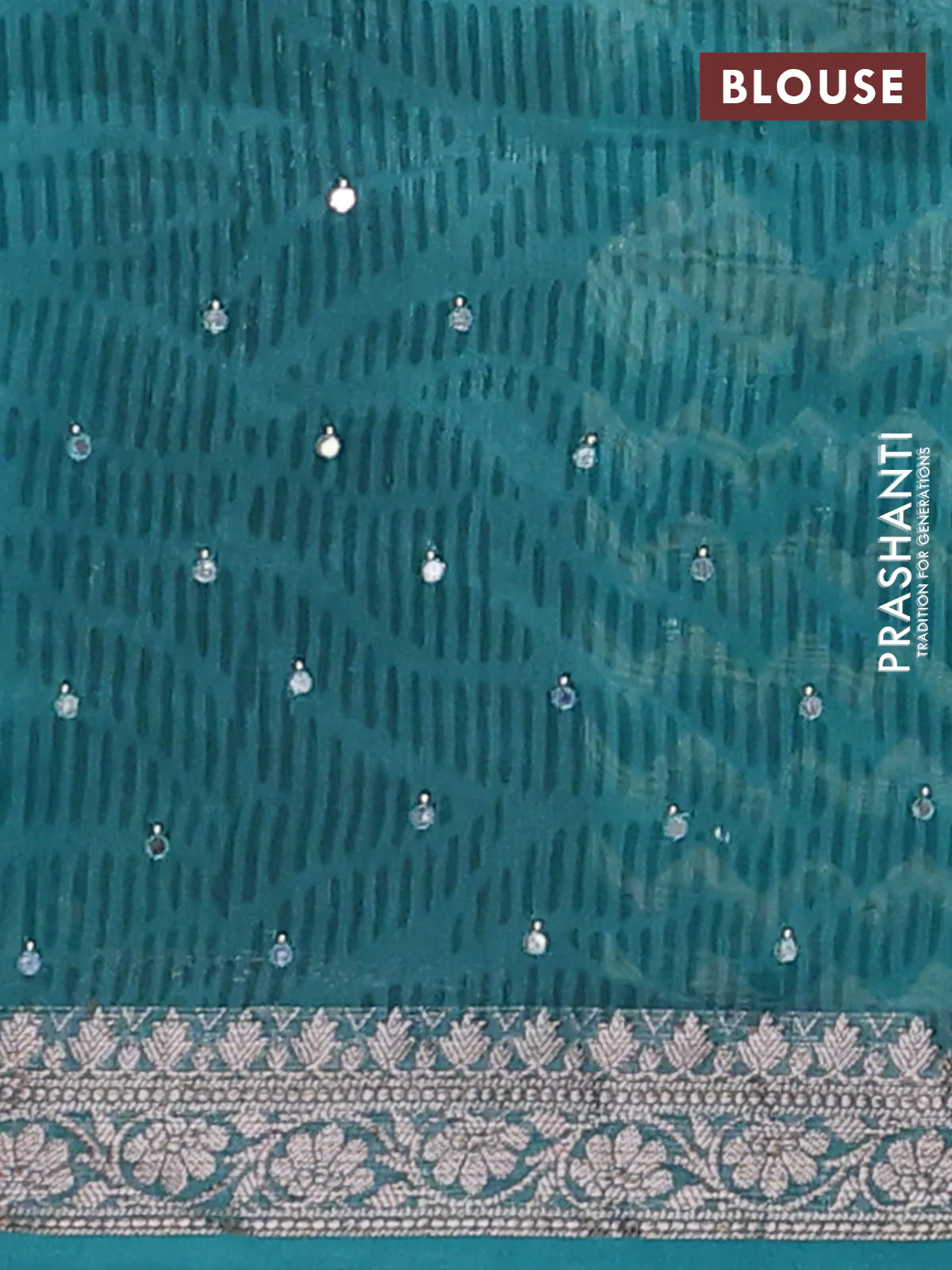 Chanderi silk cotton saree teal green and beige with allover zigzag prints & mirror work and banarasi style border - Image 4