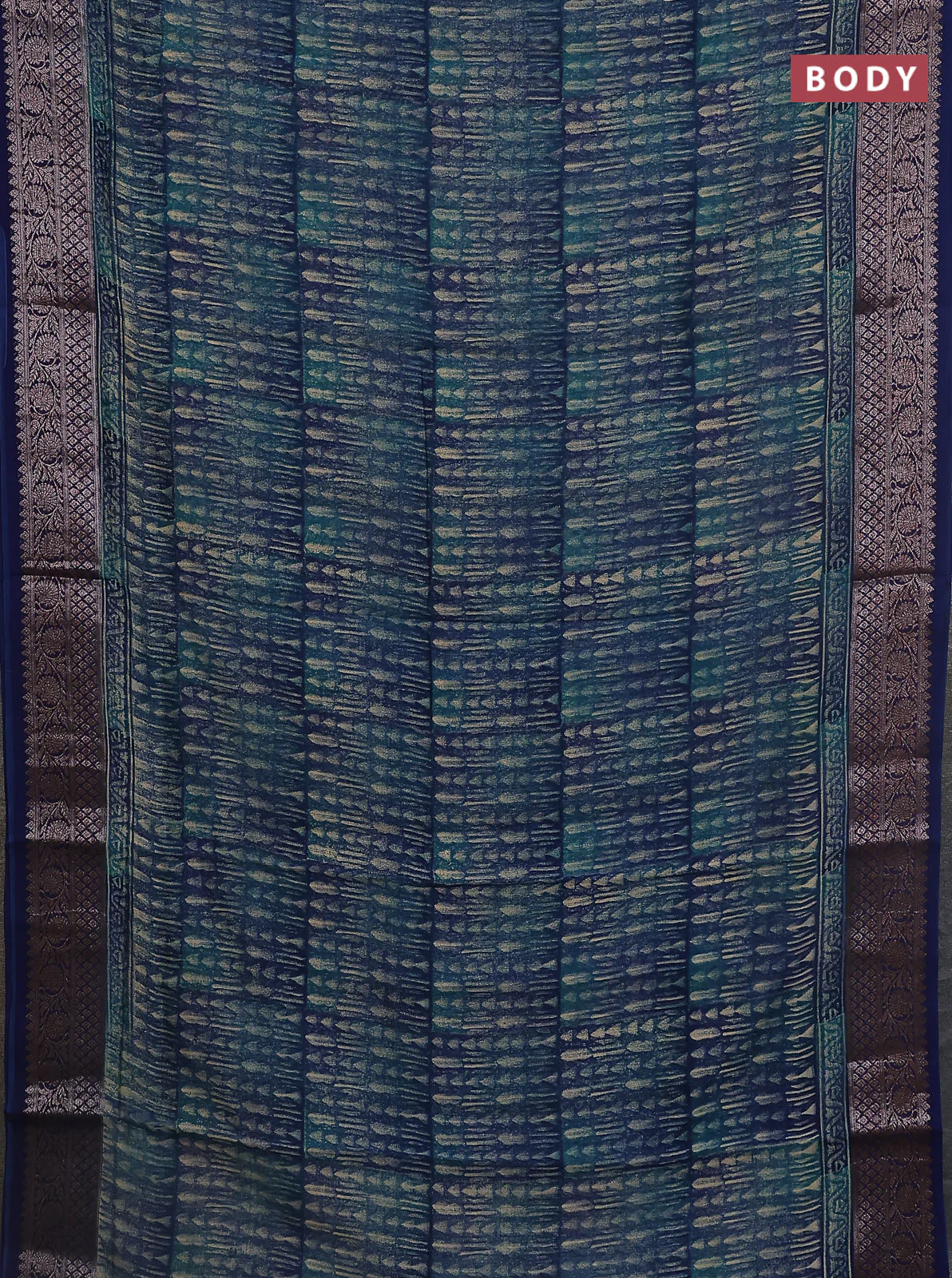 Chanderi silk cotton saree teal green and teal blue with allover prints and banarasi style border - Image 2