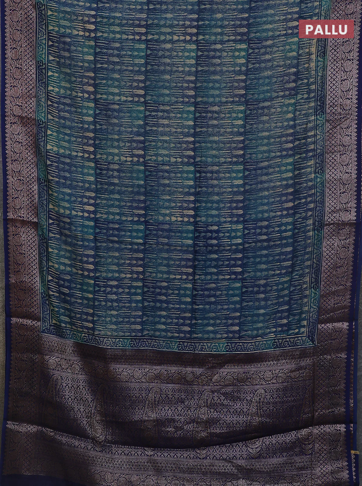 Chanderi silk cotton saree teal green and teal blue with allover prints and banarasi style border - Image 3