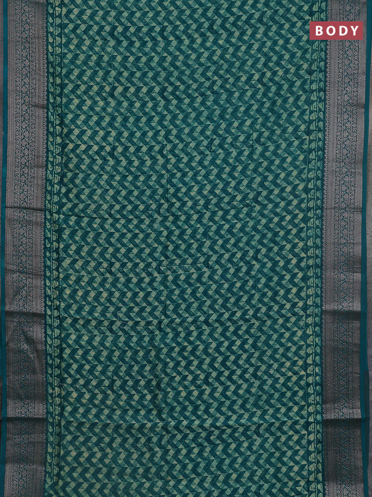 Chanderi silk cotton saree teal green with allover geometric prints and banarasi style border - Image 2