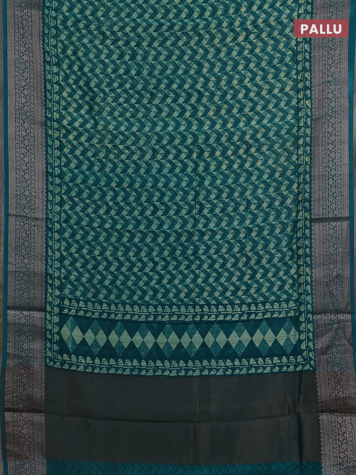 Chanderi silk cotton saree teal green with allover geometric prints and banarasi style border - Image 3