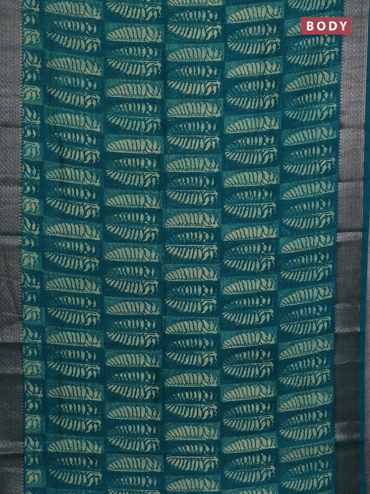 Chanderi silk cotton saree teal green with allover prints and banarasi style border - Image 2