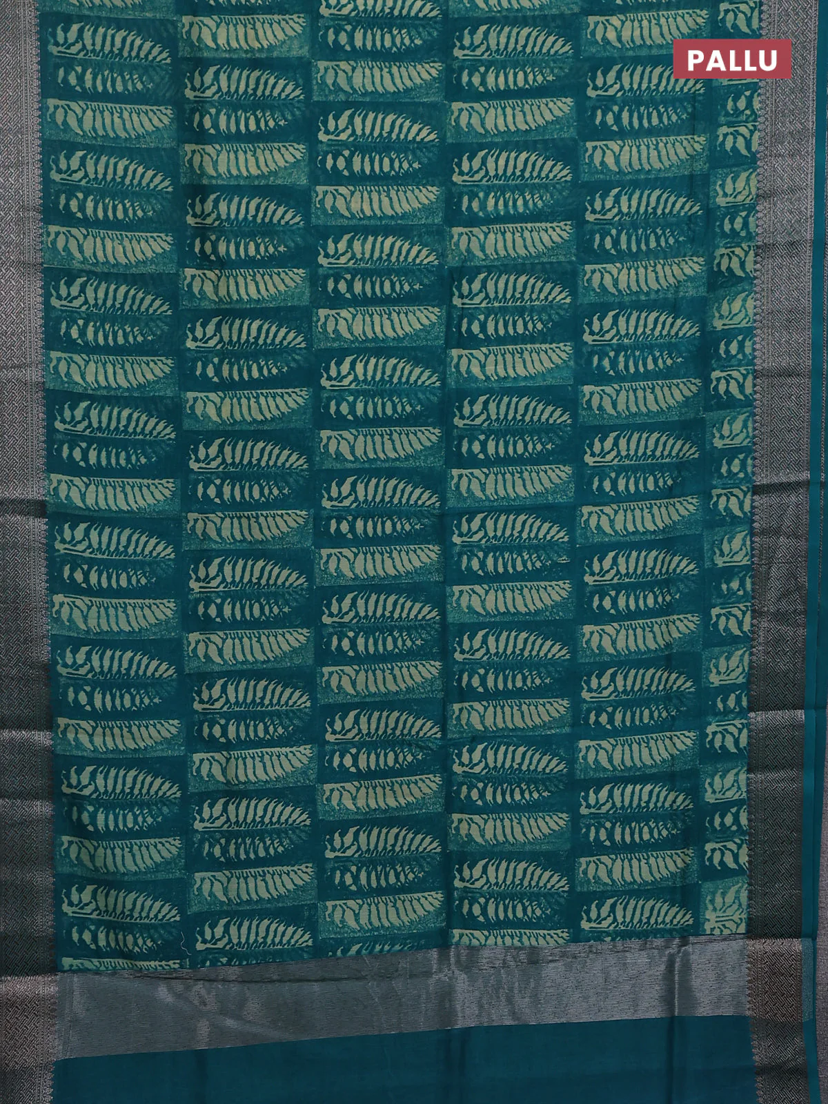Chanderi silk cotton saree teal green with allover prints and banarasi style border - Image 3
