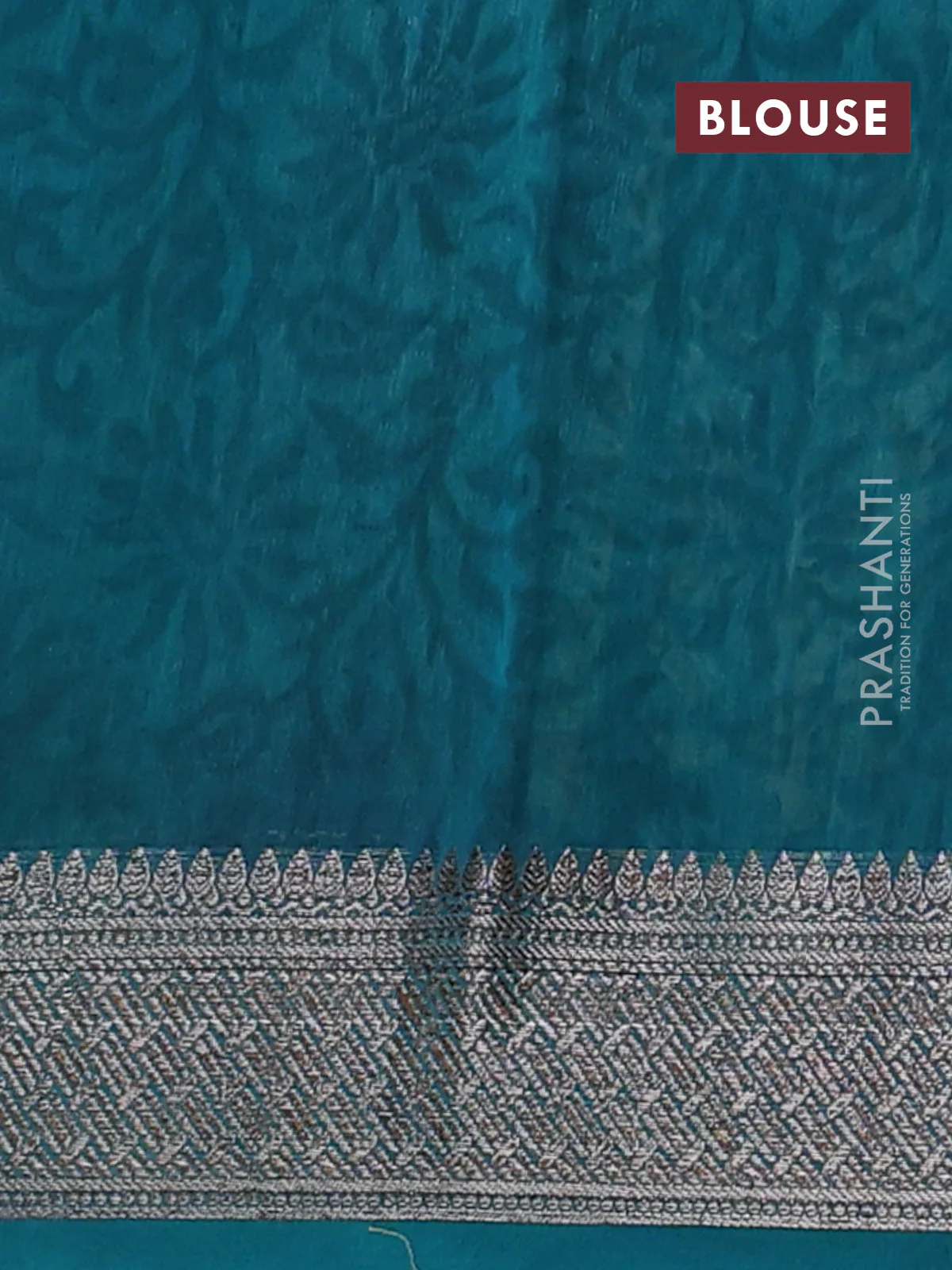 Chanderi silk cotton saree teal green with allover prints and banarasi style border - Image 4
